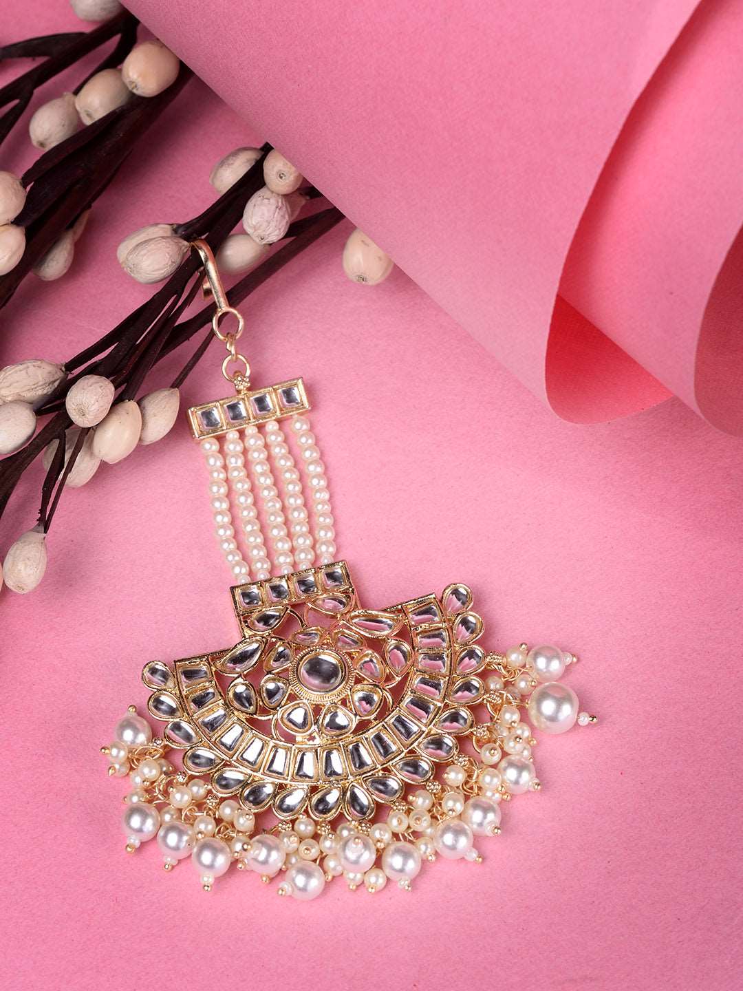 Gold Plated Kundan studded Pearl beadded Cresent Jhumar Passa, zaveri pearls, sale price rs, sale price, sale gold plated, sale gold, sale, rubans, ring, regular price, priyassi jewellery, ku