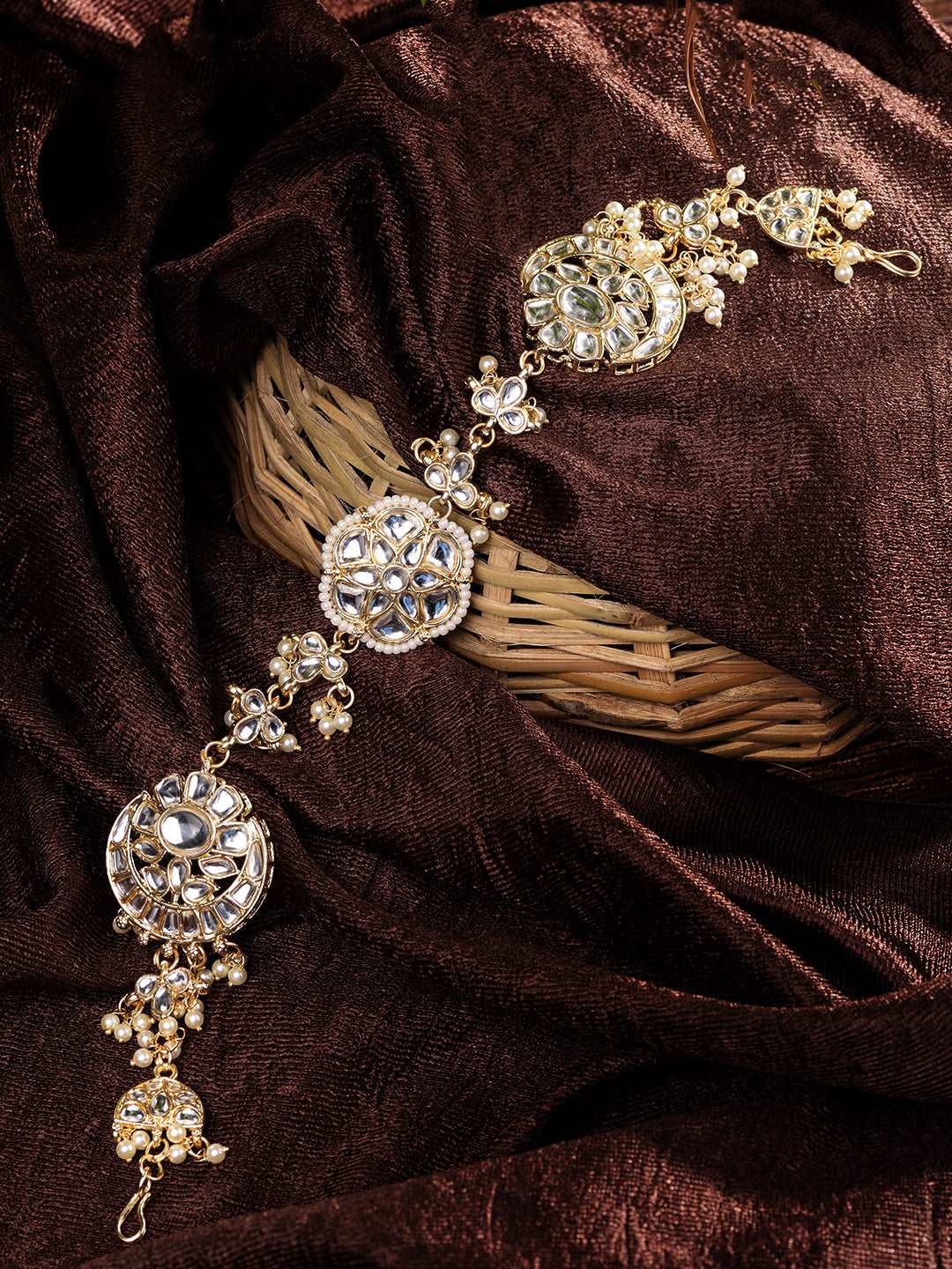 Gold Detailed uncut Kundan Pearl Beadded Floral ethnic Head Band, zaveri pearls, sale price rs, sale price, sale gold plated, sale gold, sale, rubans, ring, regular price, priyassi jewellery,