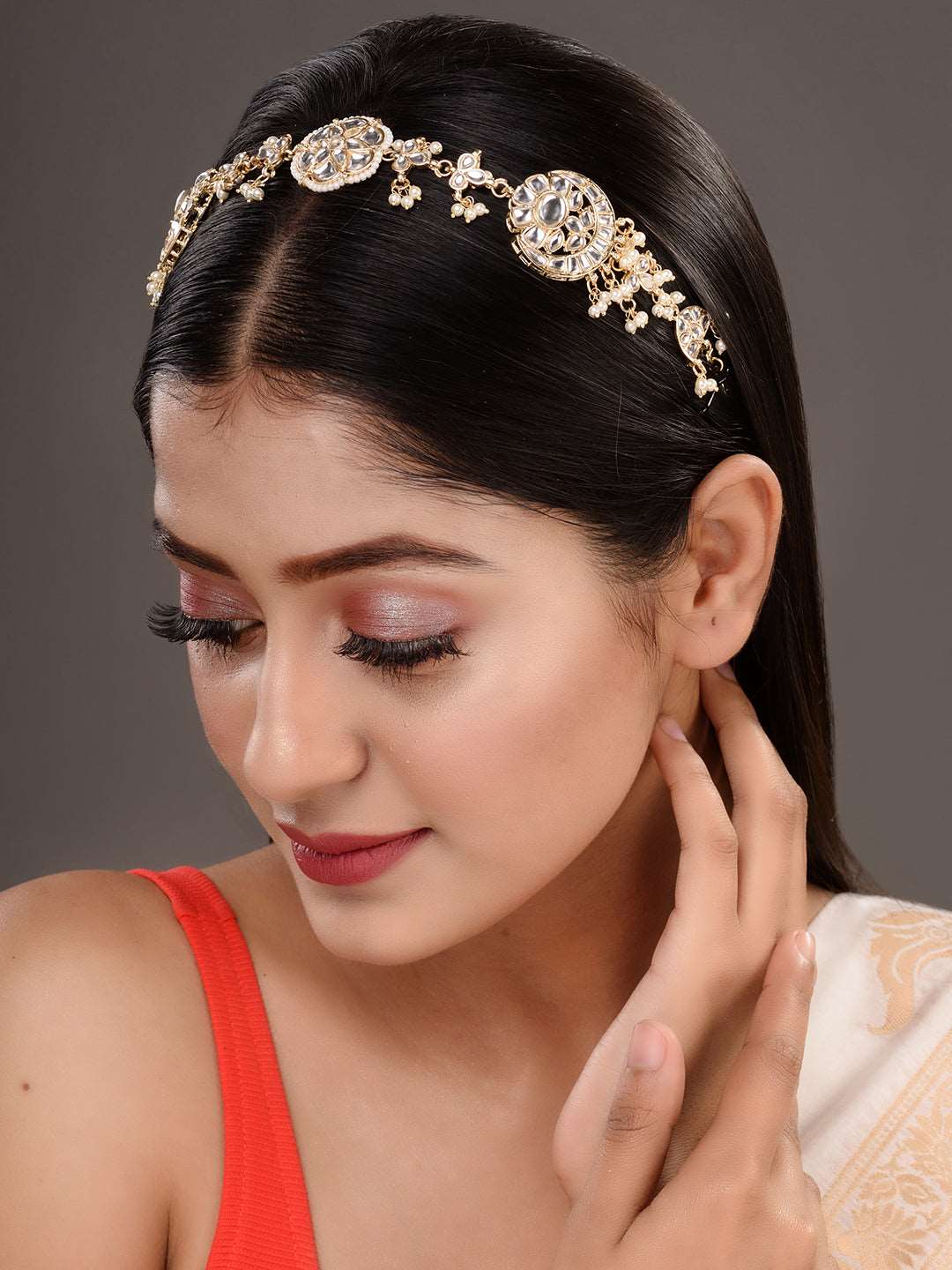 Gold Detailed uncut Kundan Pearl Beadded Floral ethnic Head Band, zaveri pearls, sale price rs, sale price, sale gold plated, sale gold, sale, rubans, ring, regular price, priyassi jewellery,