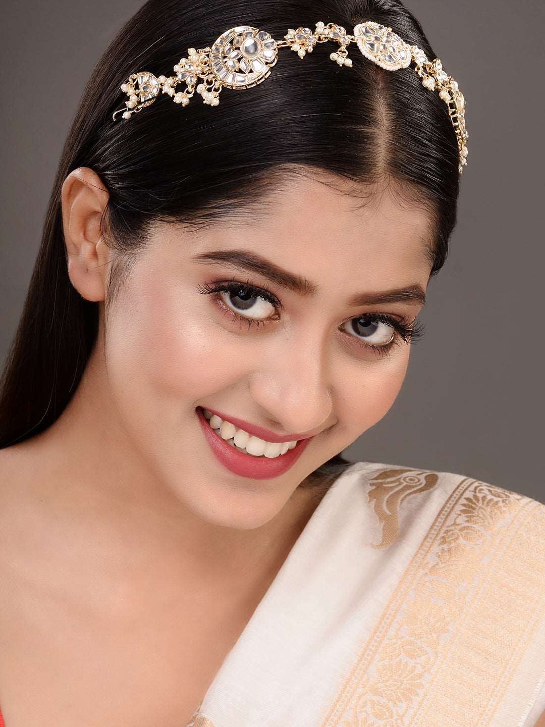 Gold Detailed uncut Kundan Pearl Beadded Floral ethnic Head Band, zaveri pearls, sale price rs, sale price, sale gold plated, sale gold, sale, rubans, ring, regular price, priyassi jewellery,