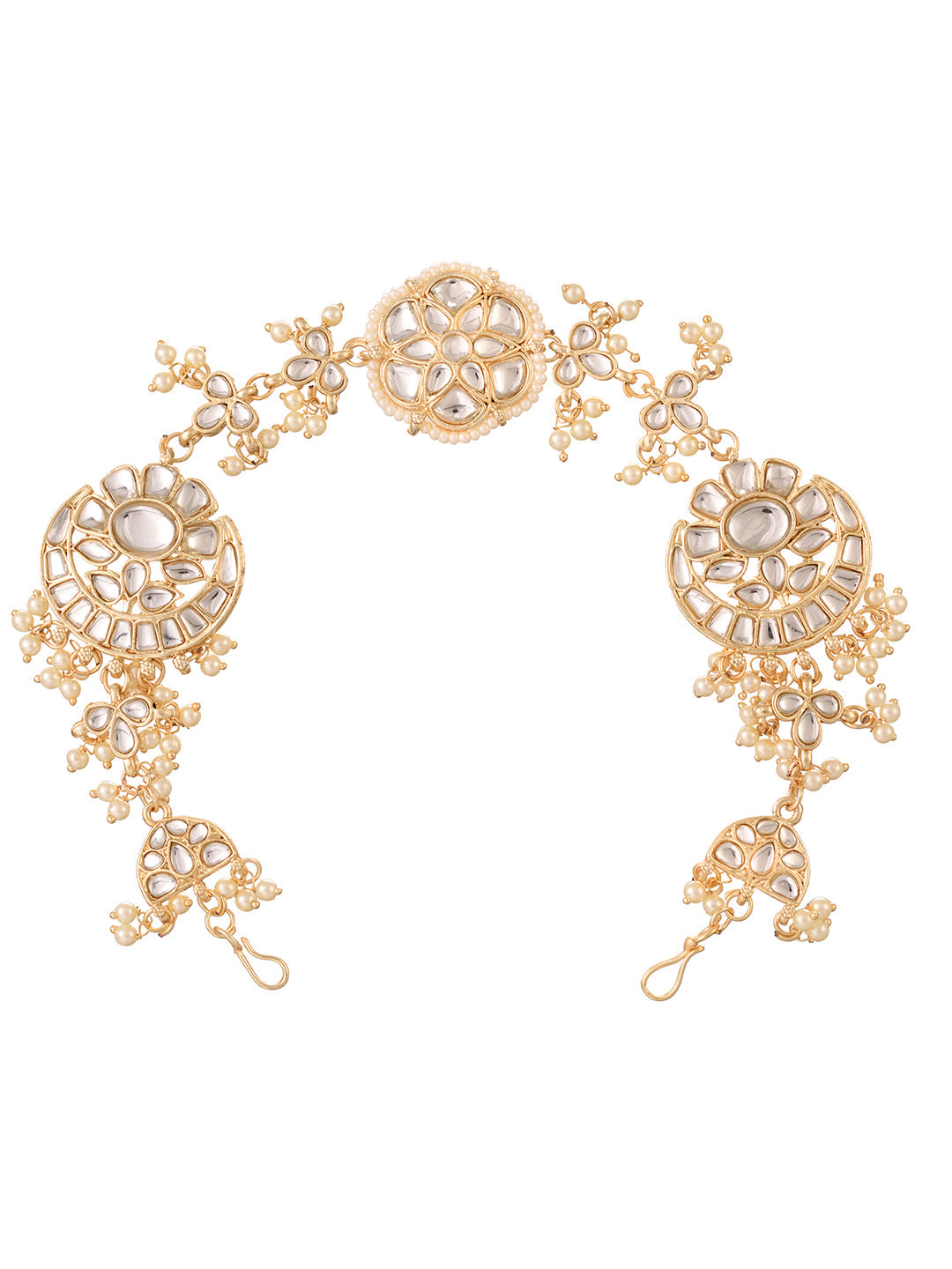 Gold Detailed uncut Kundan Pearl Beadded Floral ethnic Head Band, zaveri pearls, sale price rs, sale price, sale gold plated, sale gold, sale, rubans, ring, regular price, priyassi jewellery,