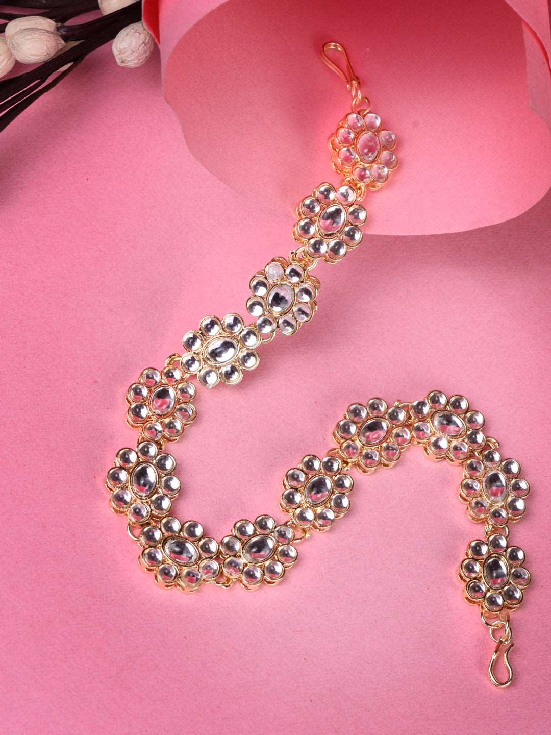 Gold Plated Kundan studded Floral designer Head Band, zaveri pearls, sale price rs, sale price, sale gold plated, sale gold, sale, rubans, ring, regular price, priyassi jewellery, kushal's - 