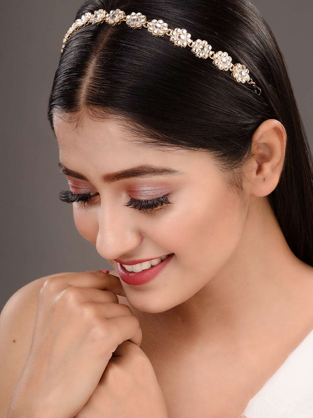 Gold Plated Kundan studded Floral designer Head Band, zaveri pearls, sale price rs, sale price, sale gold plated, sale gold, sale, rubans, ring, regular price, priyassi jewellery, kushal's - 