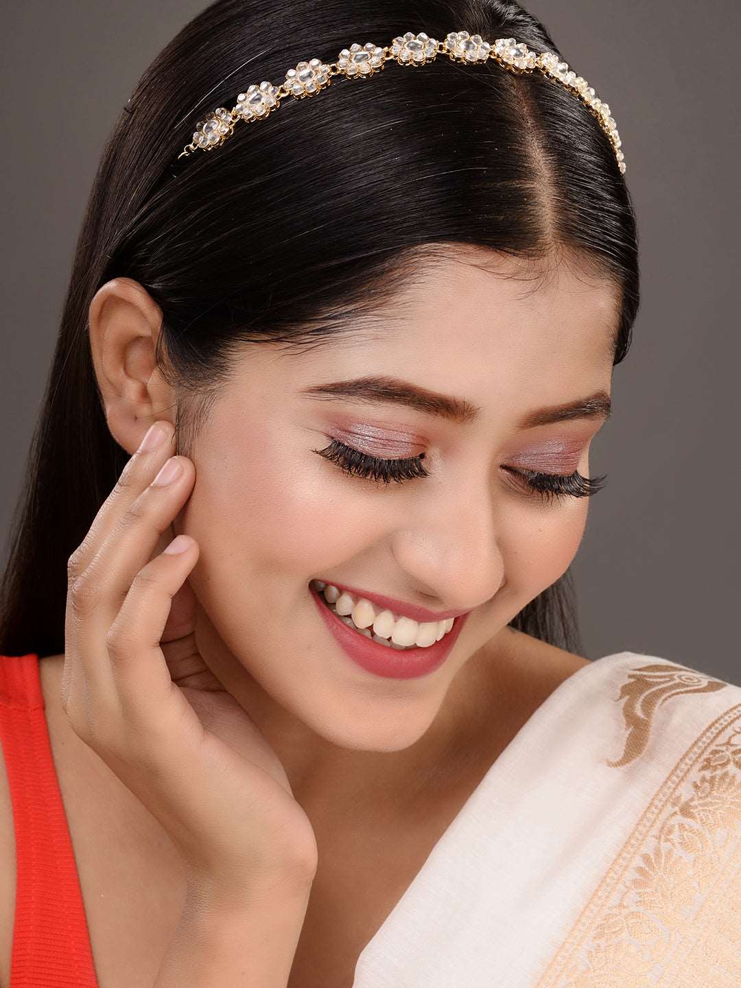 Gold Plated Kundan studded Floral designer Head Band, zaveri pearls, sale price rs, sale price, sale gold plated, sale gold, sale, rubans, ring, regular price, priyassi jewellery, kushal's - 