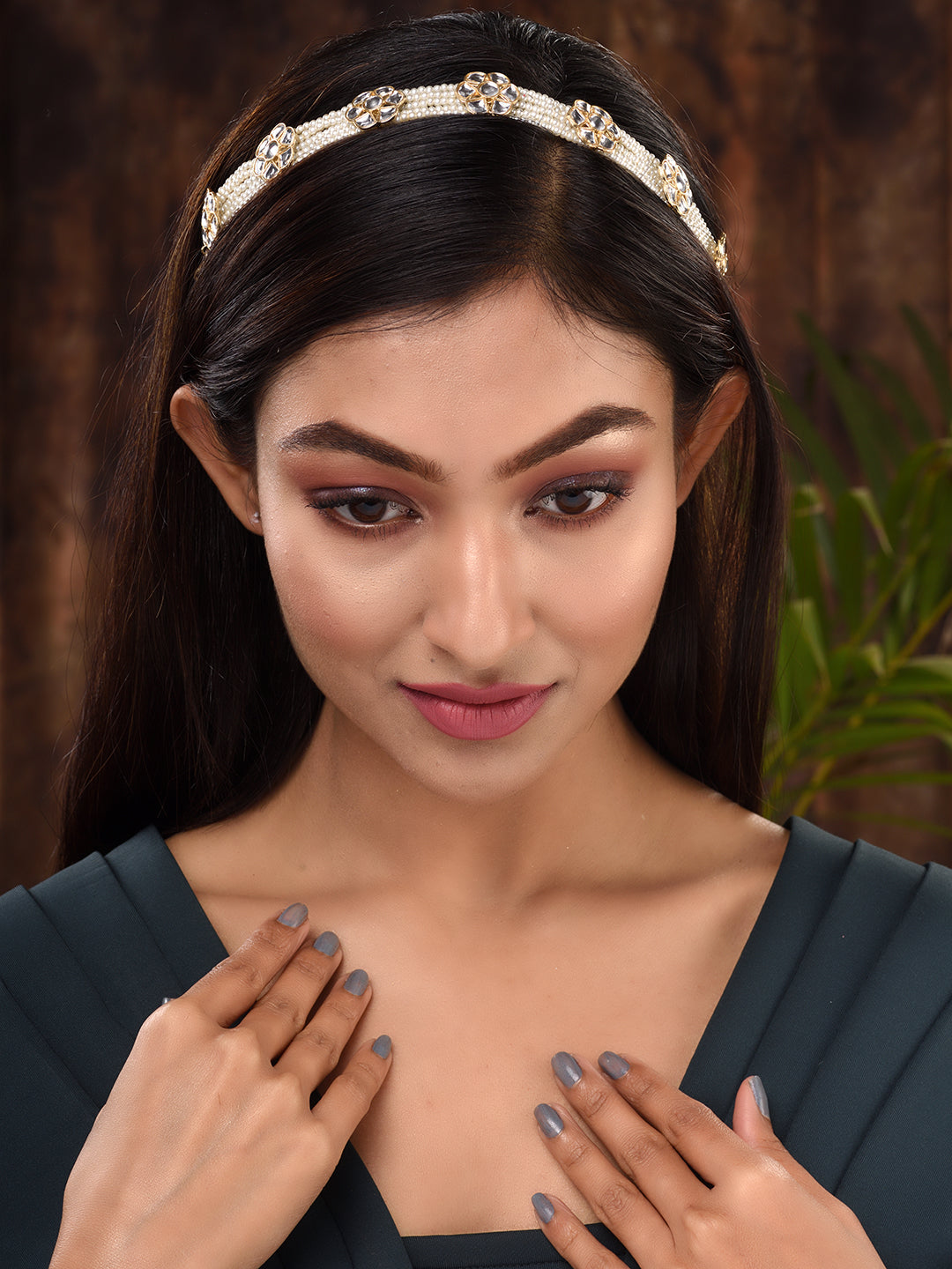 Gold Toned Kundan studded Pearl layered Modern Floral Head Band, zaveri pearls, sale price rs, sale price, sale gold plated, sale gold, sale, rubans, ring, regular price, priyassi jewellery, 