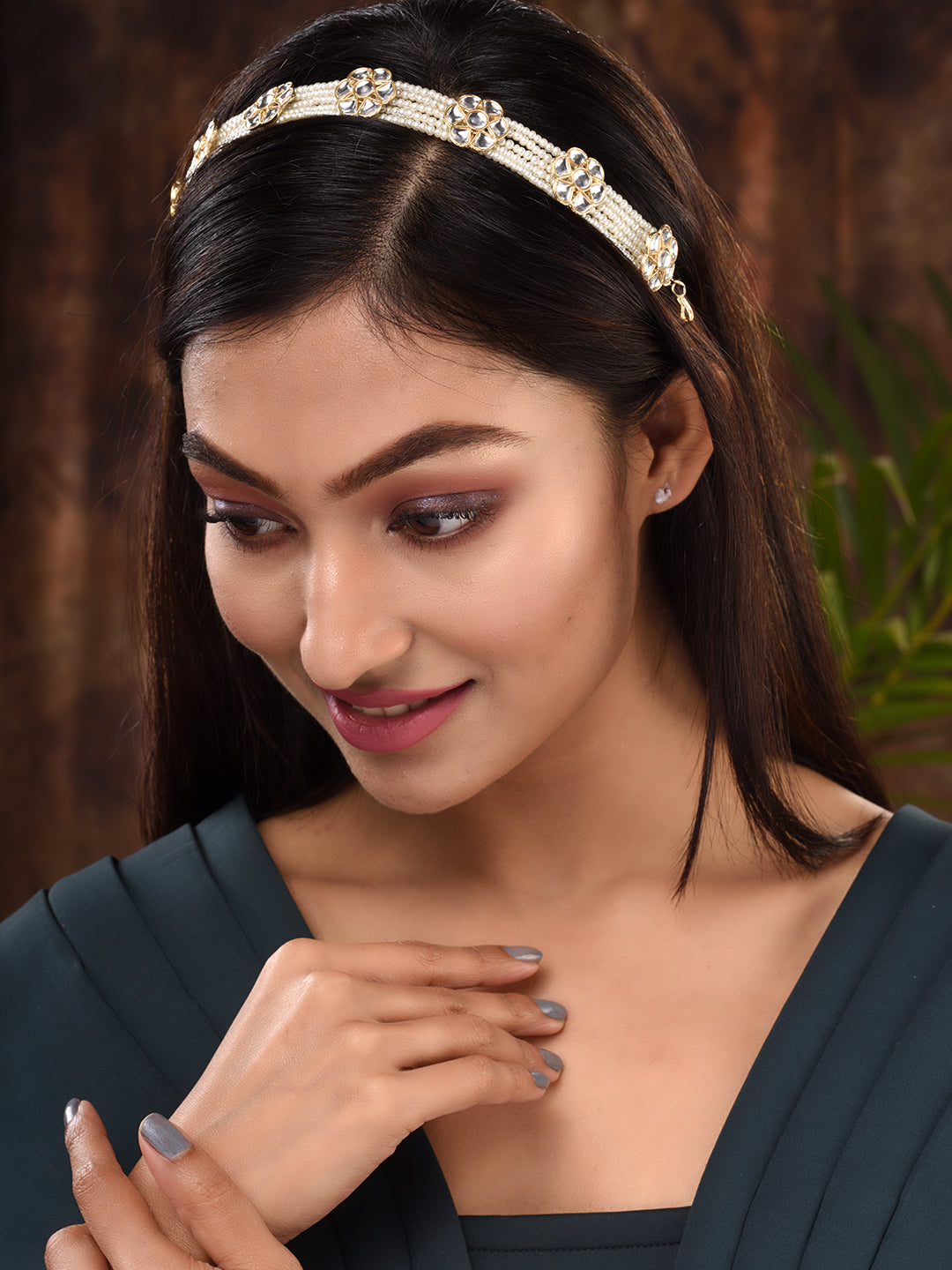 Gold Toned Kundan studded Pearl layered Modern Floral Head Band, zaveri pearls, sale price rs, sale price, sale gold plated, sale gold, sale, rubans, ring, regular price, priyassi jewellery, 
