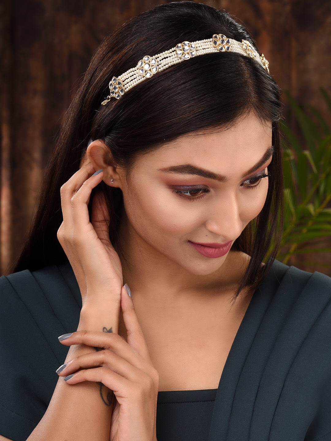 Gold Toned Kundan studded Pearl layered Modern Floral Head Band, zaveri pearls, sale price rs, sale price, sale gold plated, sale gold, sale, rubans, ring, regular price, priyassi jewellery, 
