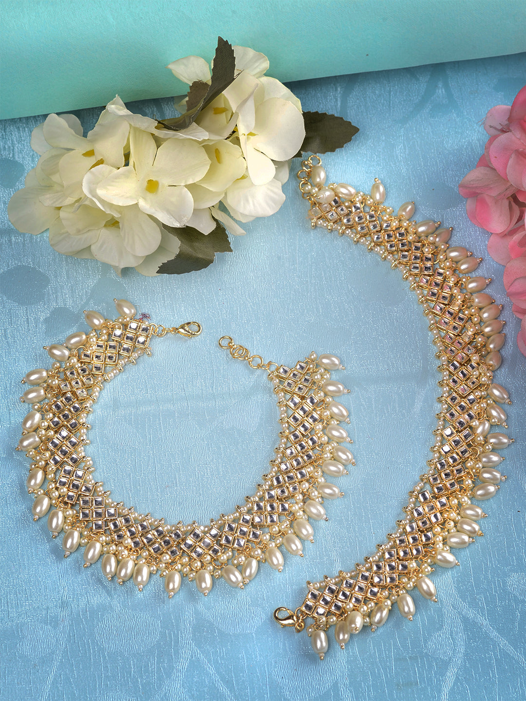 Gold Toned Kundan studded Paerl Beadded ethnic Bridal Anklet Anklet, zaveri pearls, sale price rs, sale price, sale gold plated, sale gold, sale, rubans, ring, regular price, priyassi jewelle