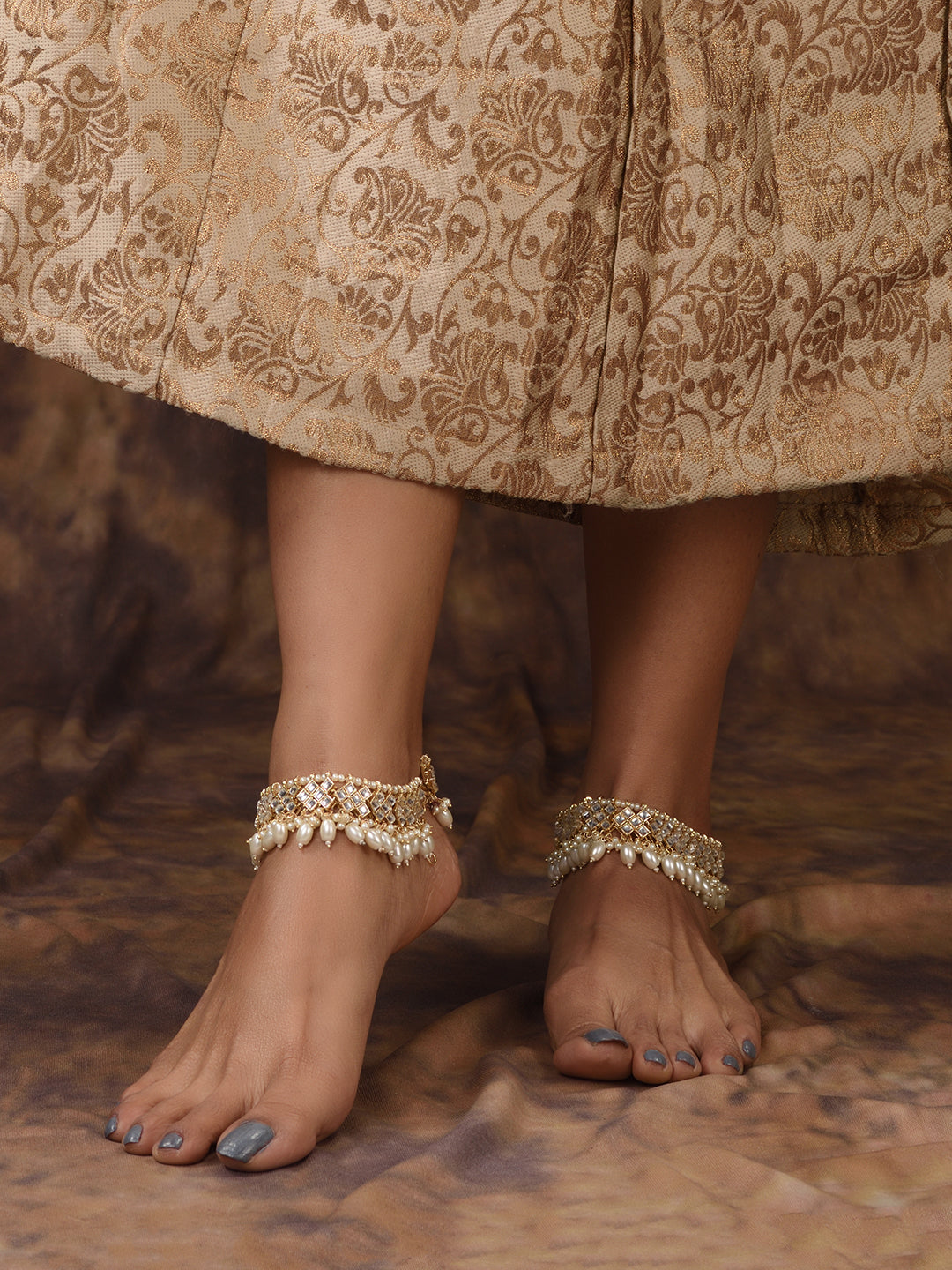 Gold Toned Kundan studded Paerl Beadded ethnic Bridal Anklet Anklet, zaveri pearls, sale price rs, sale price, sale gold plated, sale gold, sale, rubans, ring, regular price, priyassi jewelle