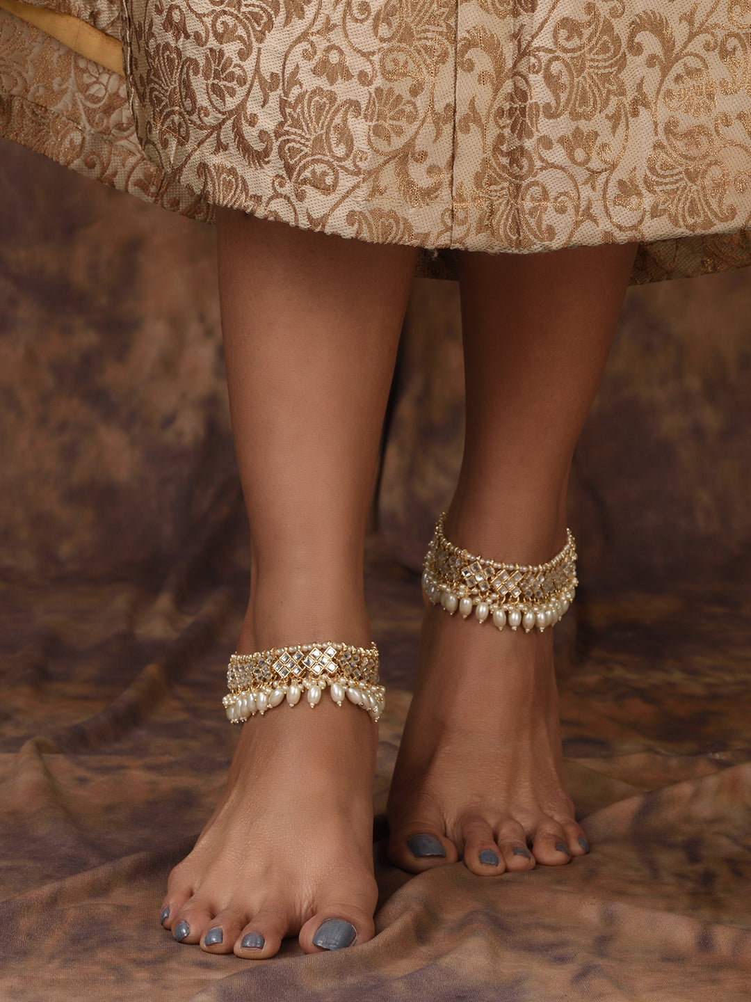 Gold Toned Kundan studded Paerl Beadded ethnic Bridal Anklet Anklet, zaveri pearls, sale price rs, sale price, sale gold plated, sale gold, sale, rubans, ring, regular price, priyassi jewelle
