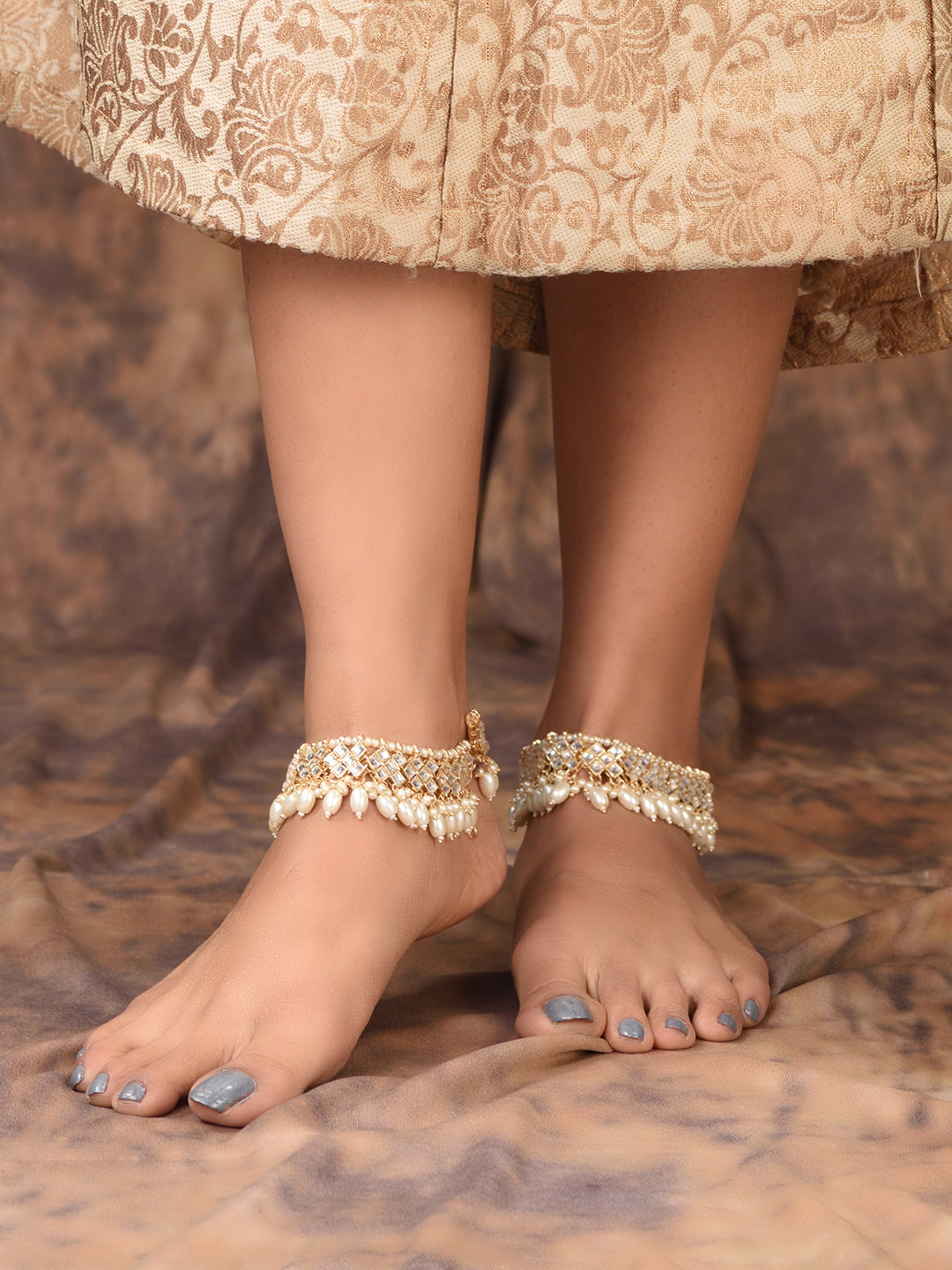 Gold Toned Kundan studded Paerl Beadded ethnic Bridal Anklet Anklet, zaveri pearls, sale price rs, sale price, sale gold plated, sale gold, sale, rubans, ring, regular price, priyassi jewelle