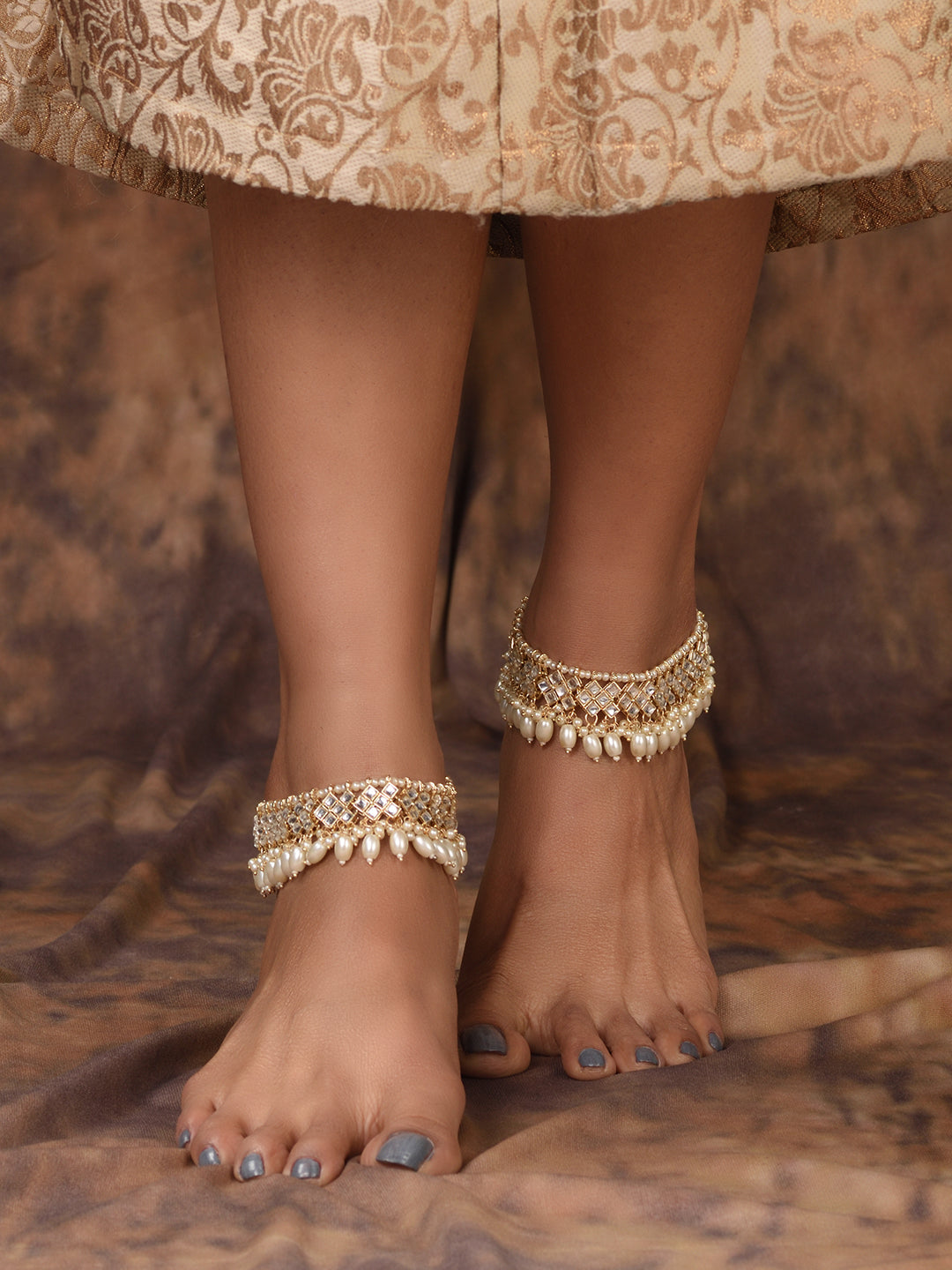 Gold Toned Kundan studded Paerl Beadded ethnic Bridal Anklet Anklet, zaveri pearls, sale price rs, sale price, sale gold plated, sale gold, sale, rubans, ring, regular price, priyassi jewelle