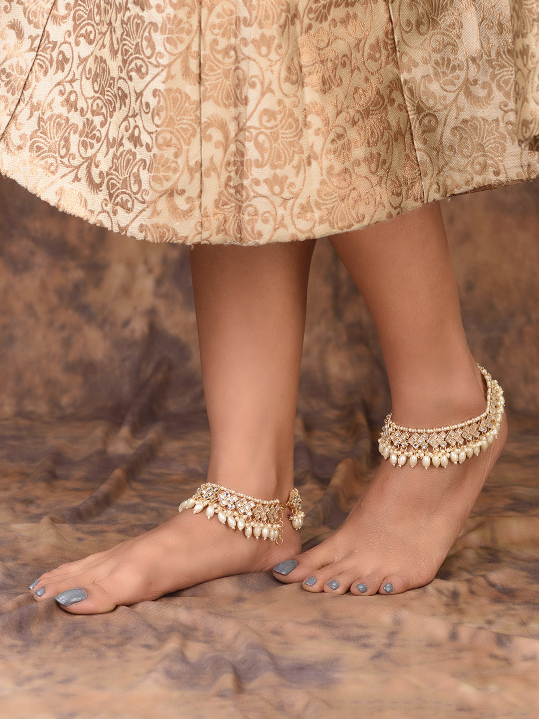 Gold Toned Kundan studded Paerl Beadded ethnic Bridal Anklet Anklet, zaveri pearls, sale price rs, sale price, sale gold plated, sale gold, sale, rubans, ring, regular price, priyassi jewelle