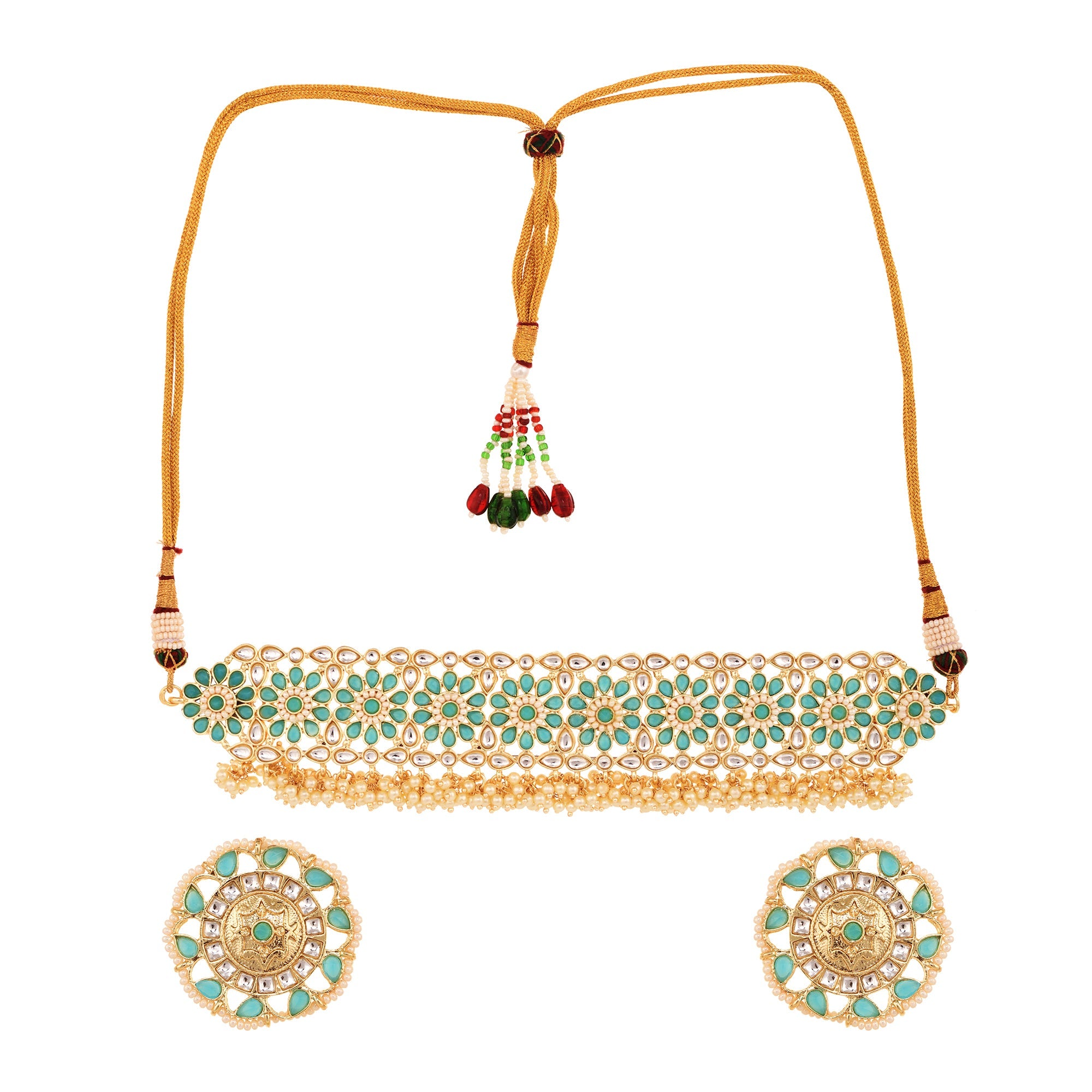 Gold Toned Mint & White Kundan AD studded Pearl beadded Choker Jewellery Set, zaveri pearls, sale price rs, sale price, sale gold plated, sale gold, sale, rubans, ring, regular price, priyass