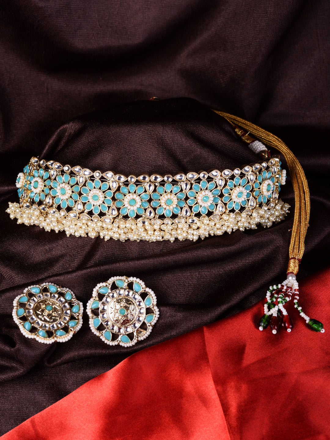 Gold Toned Mint & White Kundan AD studded Pearl beadded Choker Jewellery Set, zaveri pearls, sale price rs, sale price, sale gold plated, sale gold, sale, rubans, ring, regular price, priyass