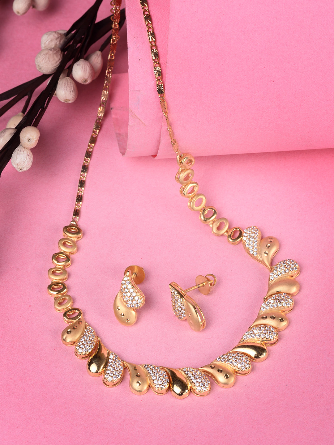 Gold Toned AD Studded Minimal Designer Necklace Jewellery Set, zaveri pearls, sale price rs, sale price, sale gold plated, sale gold, sale, rubans, ring, regular price, priyassi jewellery, ku