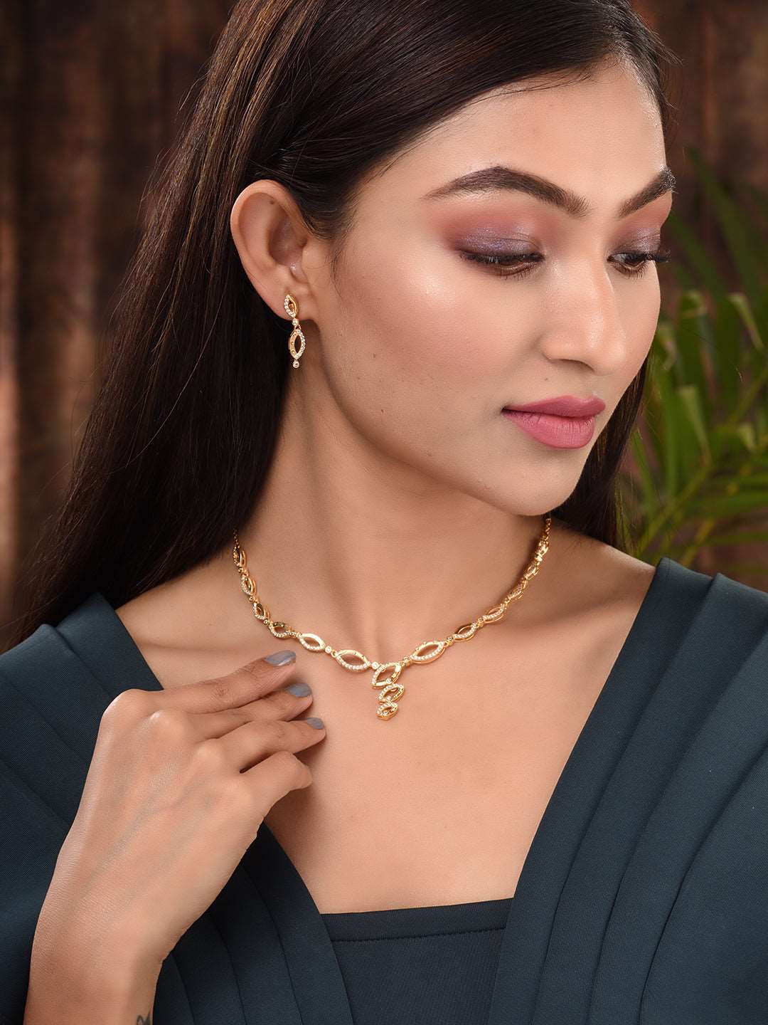 Gold Plated AD Studded Minimal Delicate Necklace Jewellery Set, zaveri pearls, sale price rs, sale price, sale gold plated, sale gold, sale, rubans, ring, regular price, priyassi jewellery, k