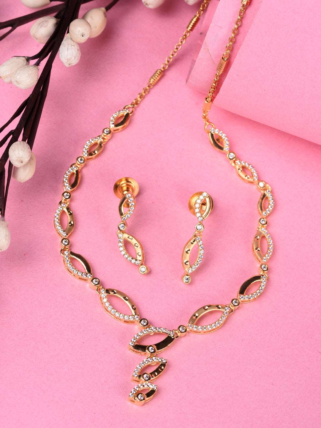 Gold Plated AD Studded Minimal Delicate Necklace Jewellery Set, zaveri pearls, sale price rs, sale price, sale gold plated, sale gold, sale, rubans, ring, regular price, priyassi jewellery, k