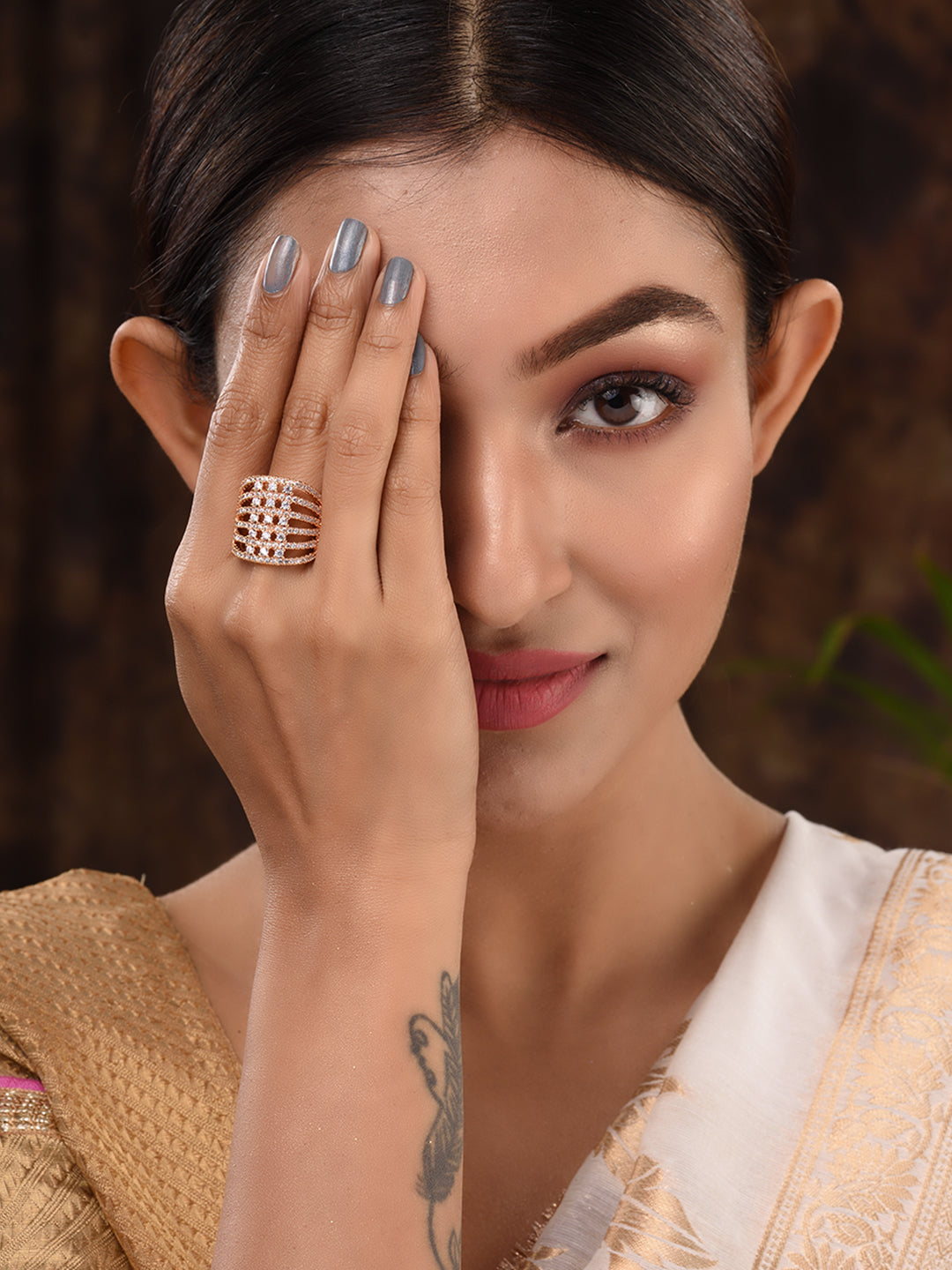 Gold Plated White AD Studded designer Finger Ring, zaveri pearls, sale price rs, sale price, sale gold plated, sale gold, sale, rubans, ring, regular price, priyassi jewellery, kushal's - Sar