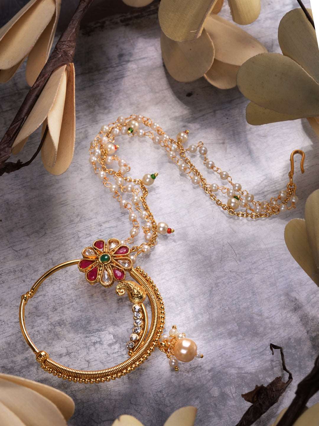 Gold Plated Red & White Pearl Beaded &Studded Bridal Nose Ring, zaveri pearls, sale price rs, sale price, sale gold plated, sale gold, sale, rubans, ring, regular price, priyassi jewellery, k