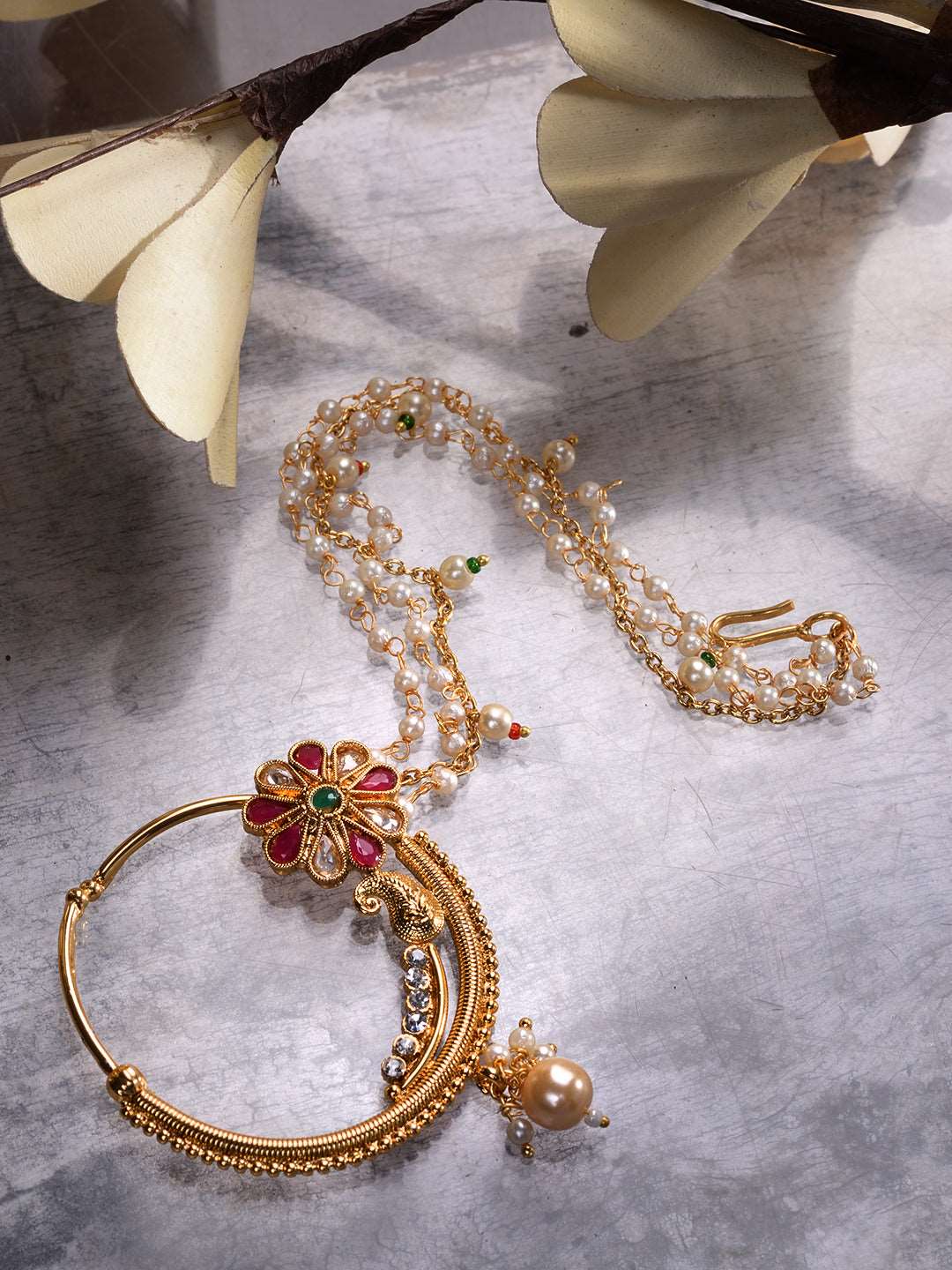 Gold Plated Red & White Pearl Beaded &Studded Bridal Nose Ring, zaveri pearls, sale price rs, sale price, sale gold plated, sale gold, sale, rubans, ring, regular price, priyassi jewellery, k