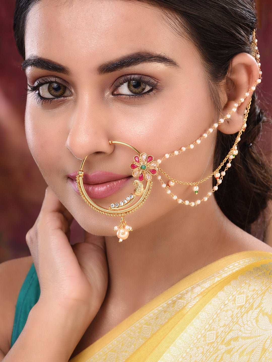 Gold Plated Red & White Pearl Beaded &Studded Bridal Nose Ring, zaveri pearls, sale price rs, sale price, sale gold plated, sale gold, sale, rubans, ring, regular price, priyassi jewellery, k
