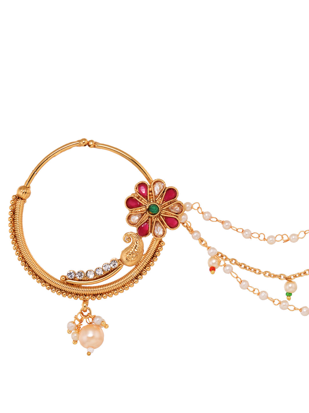 Gold Plated Red & White Pearl Beaded &Studded Bridal Nose Ring, zaveri pearls, sale price rs, sale price, sale gold plated, sale gold, sale, rubans, ring, regular price, priyassi jewellery, k