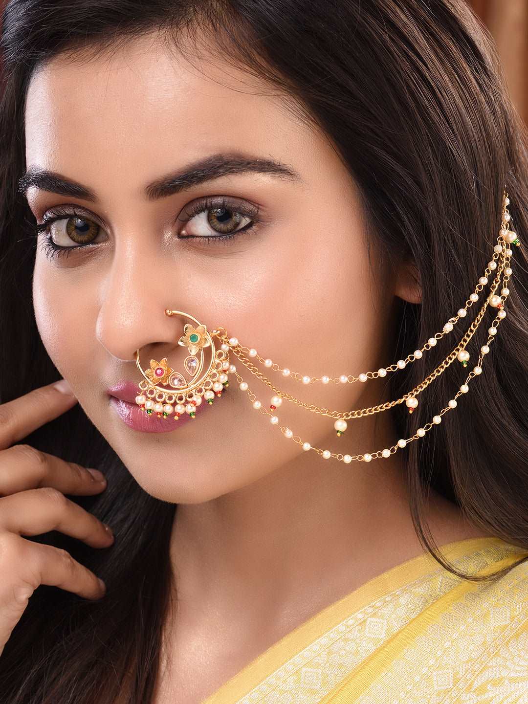 Gold plated Red& White Pearl Beaded Floral Nose Ring, zaveri pearls, sale price rs, sale price, sale gold plated, sale gold, sale, rubans, ring, regular price, priyassi jewellery, kushal's - 