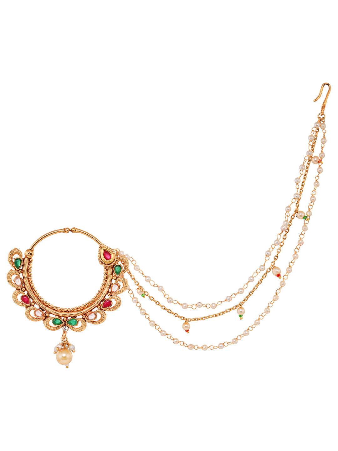 Gold Toned Pearl Beaded & kundan Studded Jodha Nose Ring Chain, zaveri pearls, sale price rs, sale price, sale gold plated, sale gold, sale, rubans, ring, regular price, priyassi jewellery, k