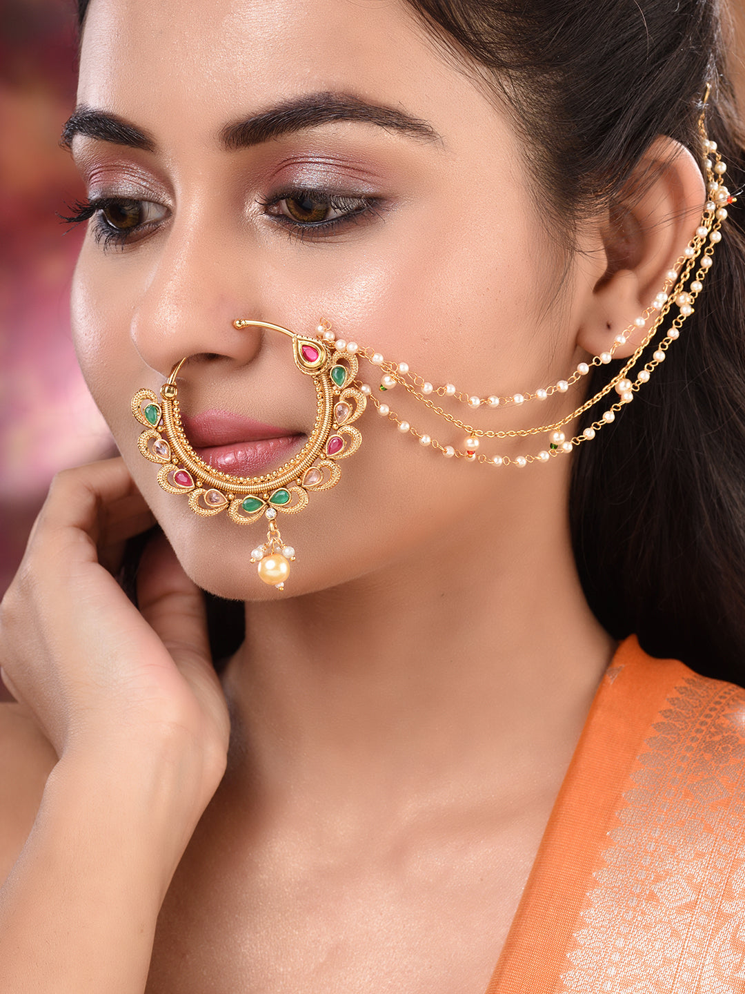 Gold Toned Pearl Beaded & kundan Studded Jodha Nose Ring Chain, zaveri pearls, sale price rs, sale price, sale gold plated, sale gold, sale, rubans, ring, regular price, priyassi jewellery, k
