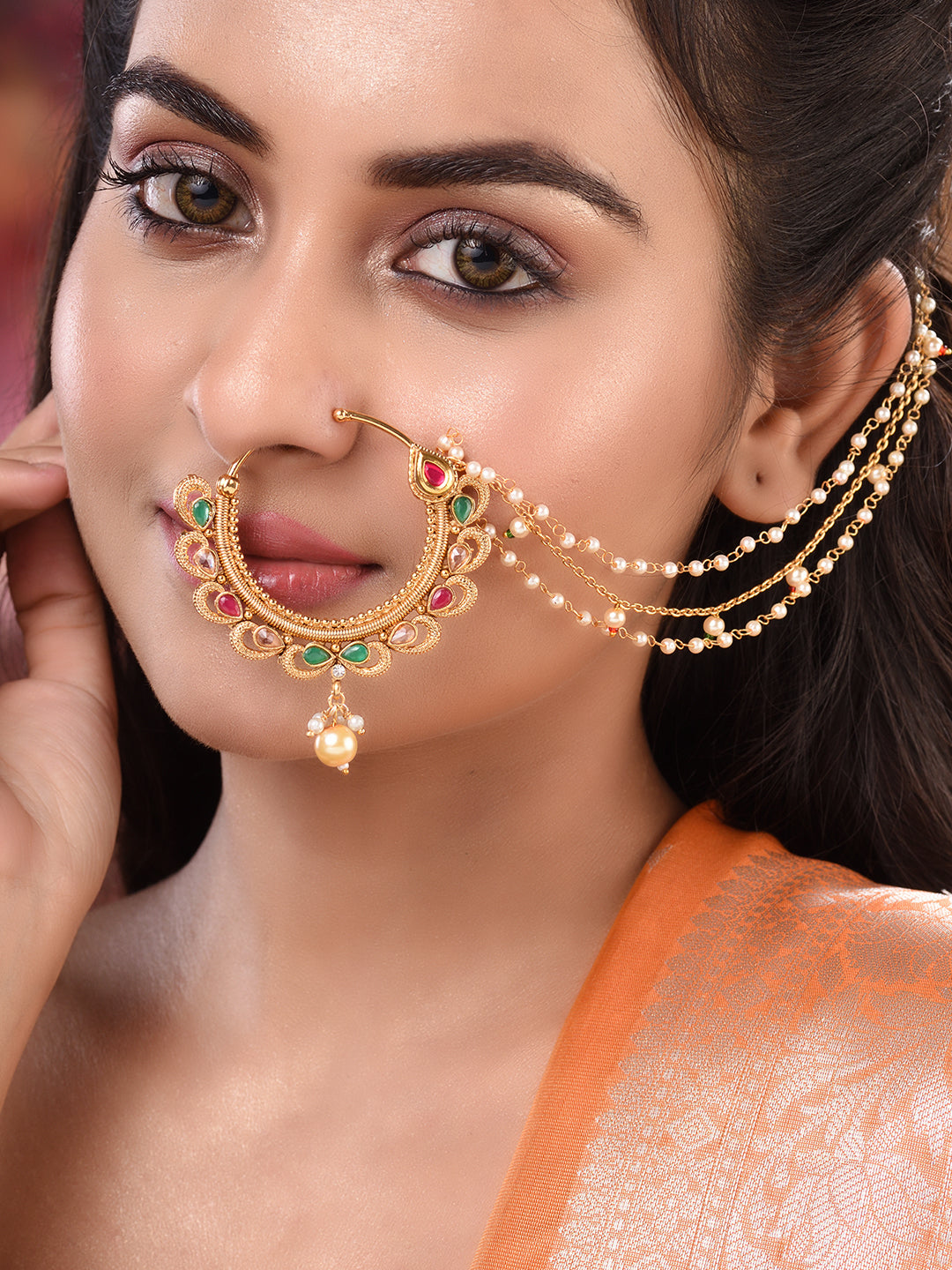 Gold Toned Pearl Beaded & kundan Studded Jodha Nose Ring Chain, zaveri pearls, sale price rs, sale price, sale gold plated, sale gold, sale, rubans, ring, regular price, priyassi jewellery, k
