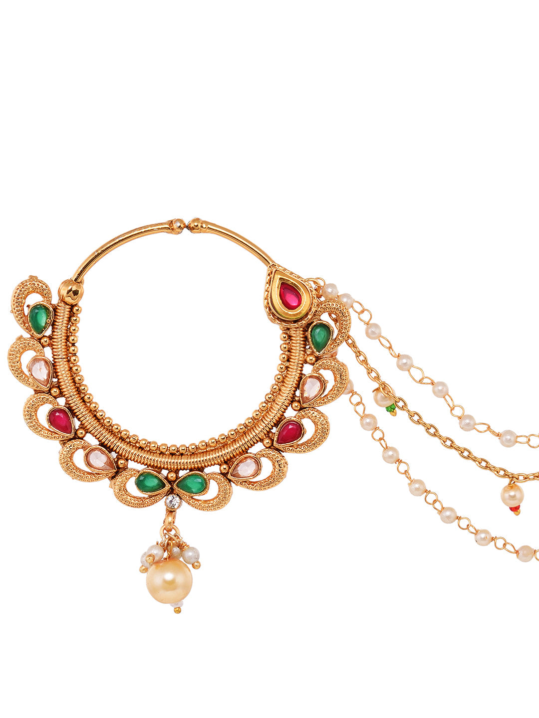Gold Toned Pearl Beaded & kundan Studded Jodha Nose Ring Chain, zaveri pearls, sale price rs, sale price, sale gold plated, sale gold, sale, rubans, ring, regular price, priyassi jewellery, k