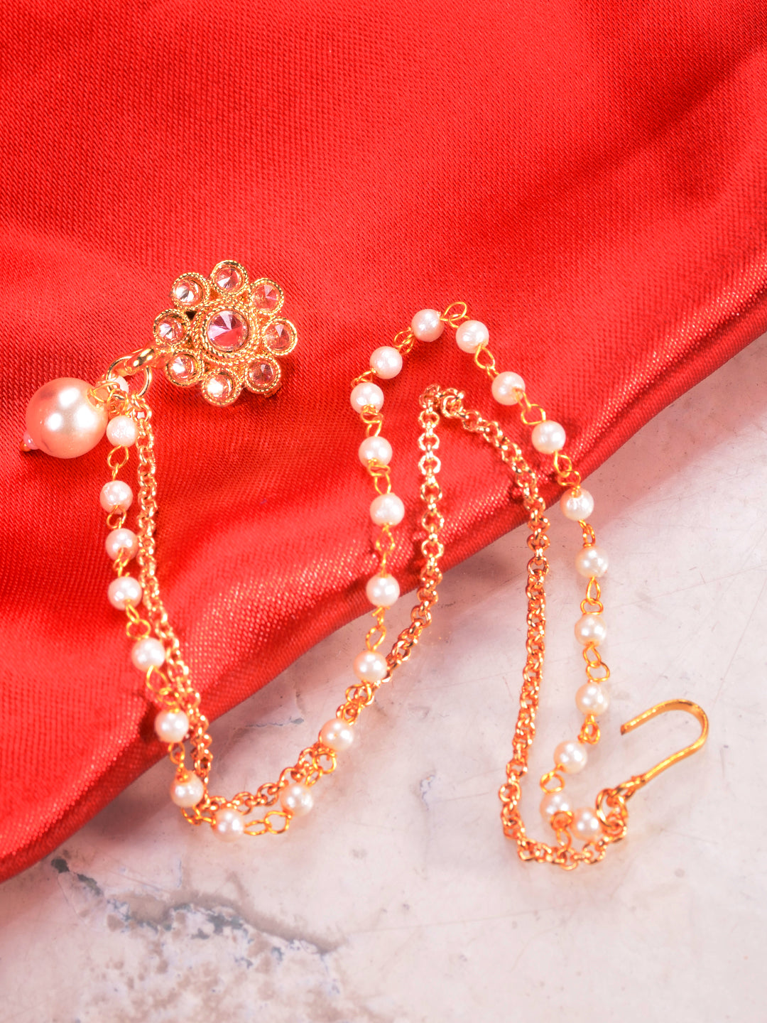 Gold Plated White Stone Studded & Pearl Nose Ring Nath, zaveri pearls, sale price rs, sale price, sale gold plated, sale gold, sale, rubans, ring, regular price, priyassi jewellery, kushal's 