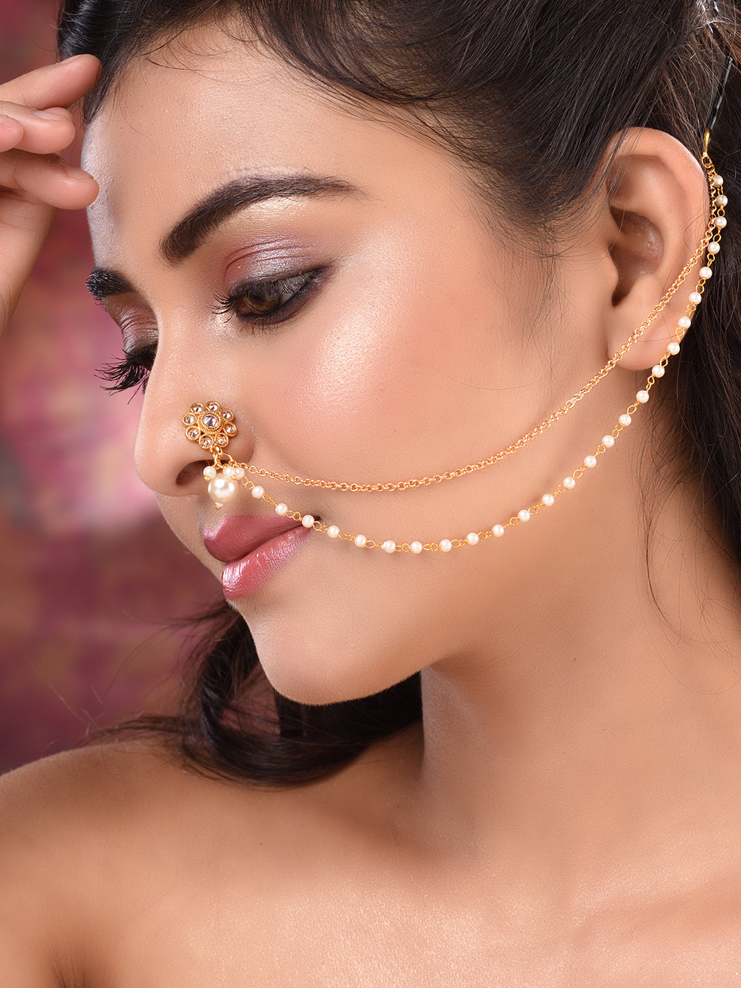 Gold Plated White Stone Studded & Pearl Nose Ring Nath, zaveri pearls, sale price rs, sale price, sale gold plated, sale gold, sale, rubans, ring, regular price, priyassi jewellery, kushal's 
