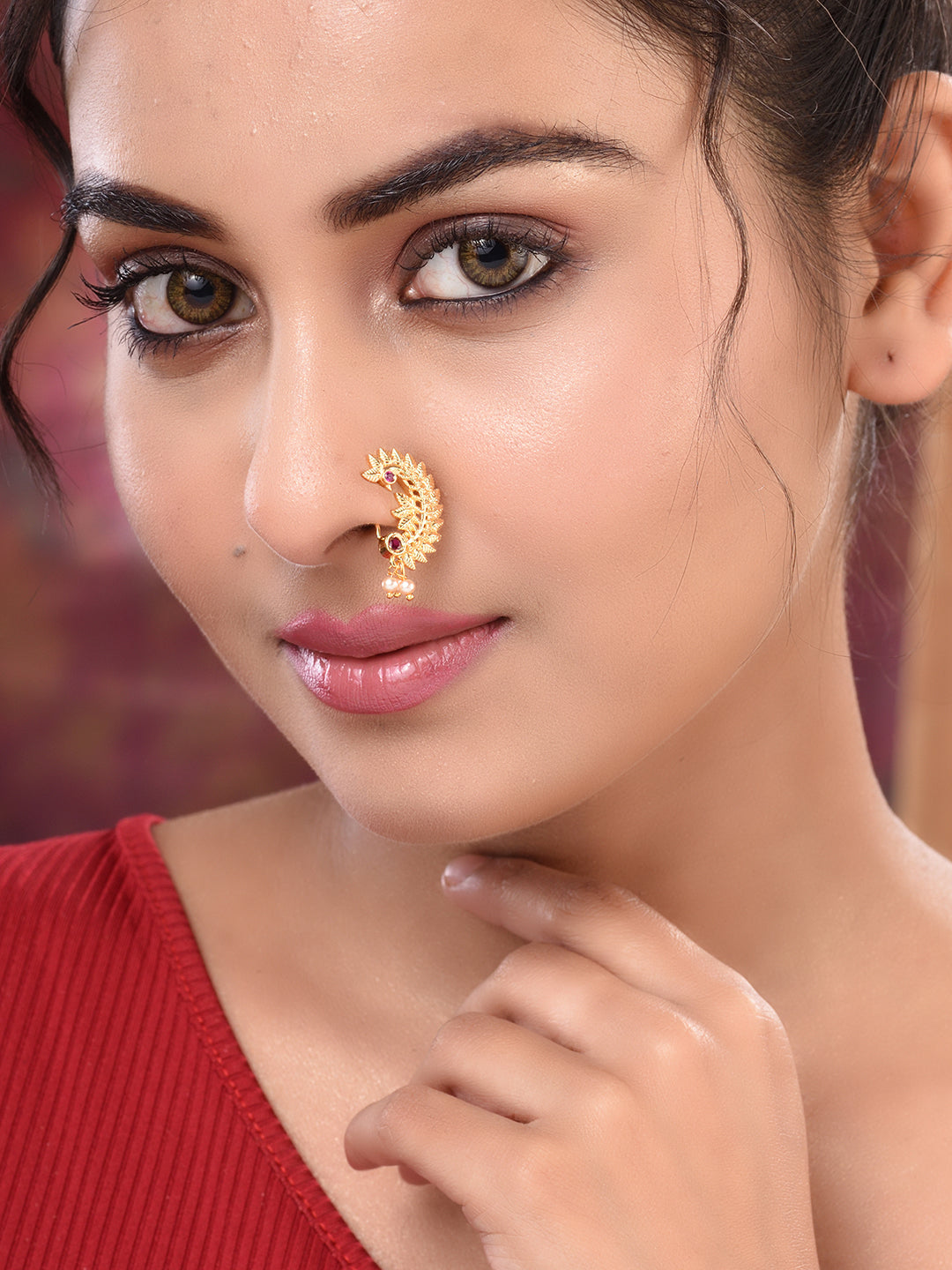 Gold toned Red stone Studded Marathi Nath Nosepin, zaveri pearls, sale price rs, sale price, sale gold plated, sale gold, sale, rubans, ring, regular price, priyassi jewellery, kushal's - Sar