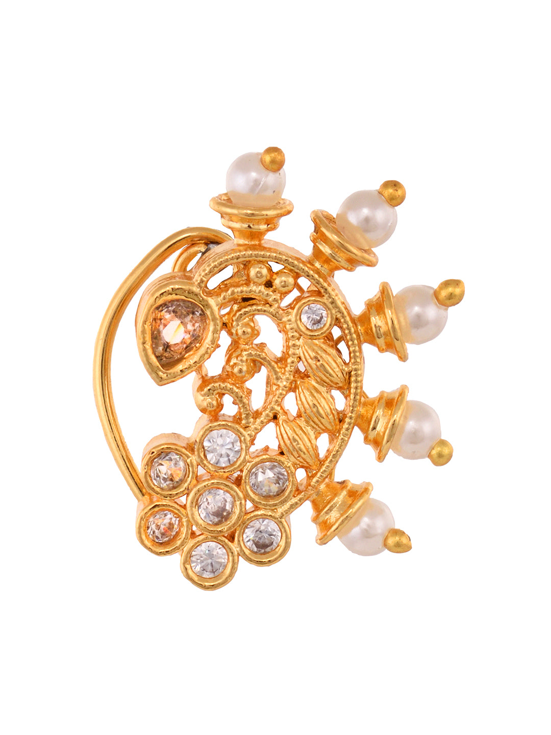 Gold Plated White Stone Studded & Beaded Motyanchi Nath Nosepin, zaveri pearls, sale price rs, sale price, sale gold plated, sale gold, sale, rubans, ring, regular price, priyassi jewellery, 