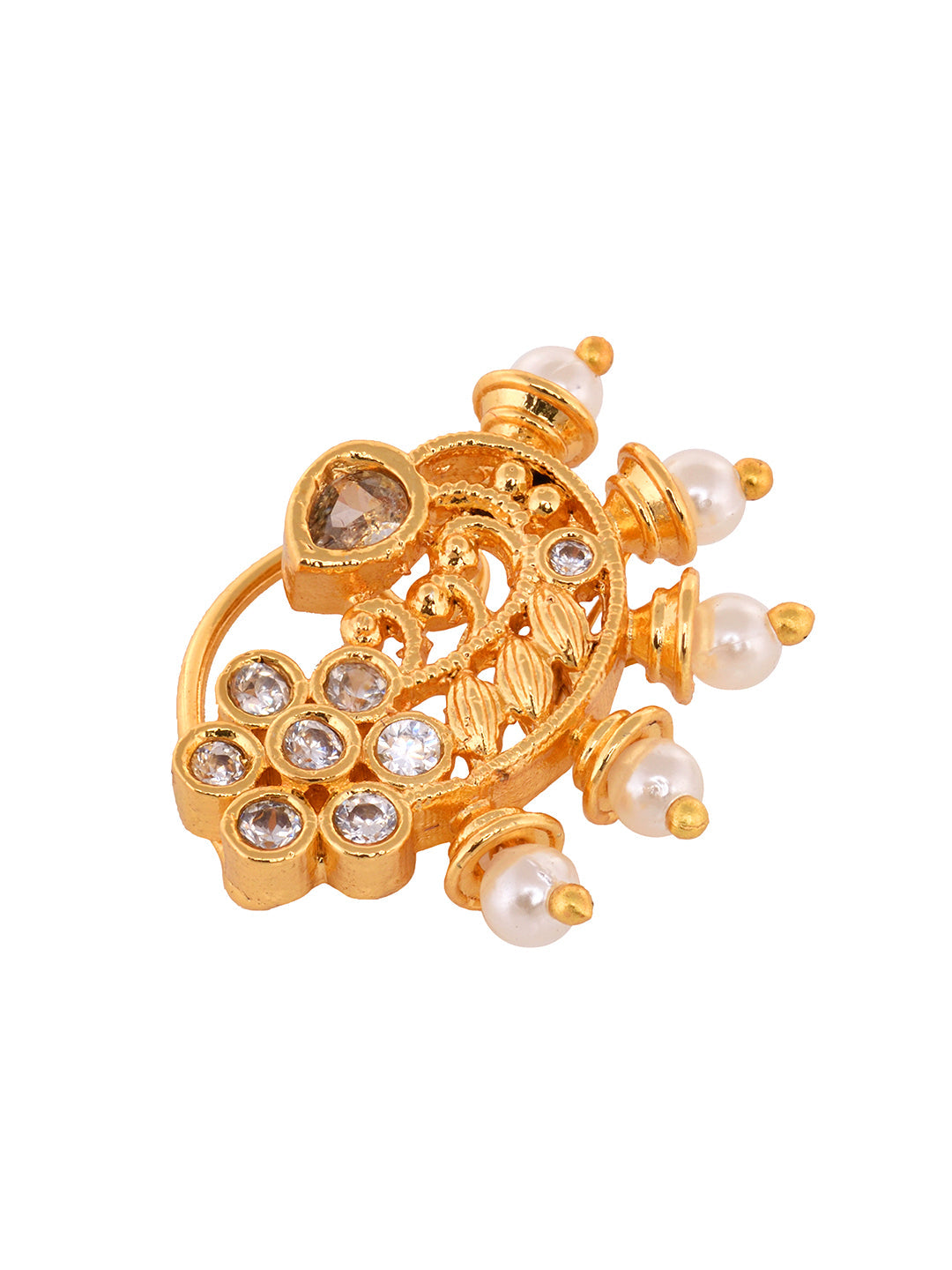 Gold Plated White Stone Studded & Beaded Motyanchi Nath Nosepin, zaveri pearls, sale price rs, sale price, sale gold plated, sale gold, sale, rubans, ring, regular price, priyassi jewellery, 