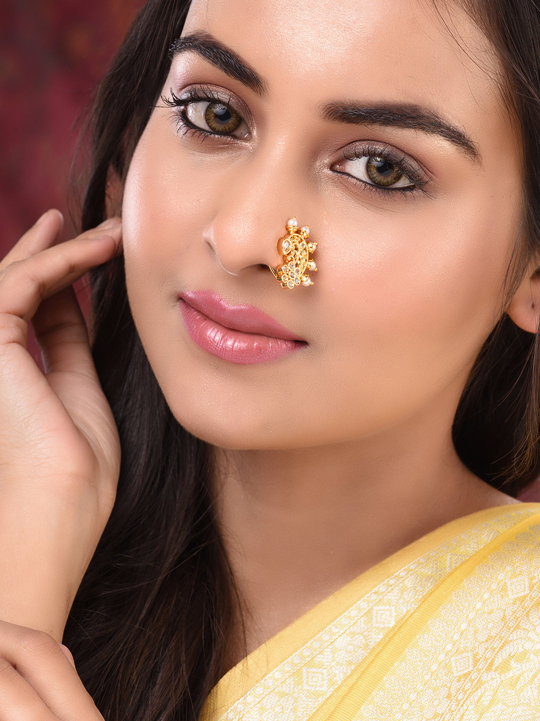 Gold Plated White Stone Studded & Beaded Motyanchi Nath Nosepin, zaveri pearls, sale price rs, sale price, sale gold plated, sale gold, sale, rubans, ring, regular price, priyassi jewellery, 