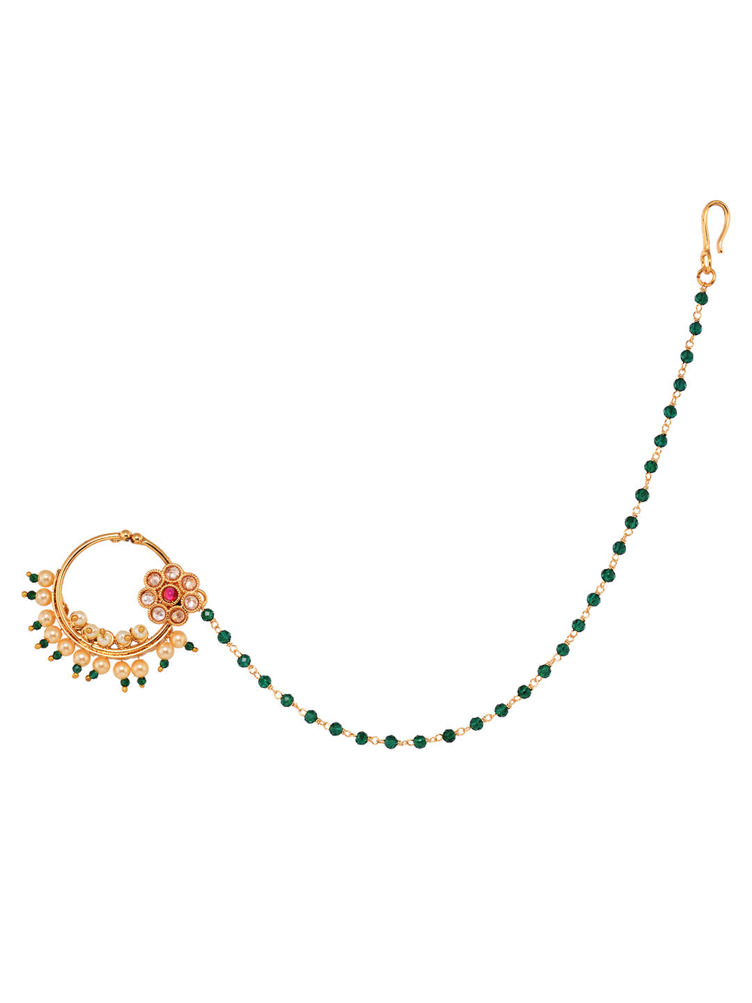 Gold Plated Studded & Beaded Floral Nose Ring Chain, zaveri pearls, sale price rs, sale price, sale gold plated, sale gold, sale, rubans, ring, regular price, priyassi jewellery, kushal's - S