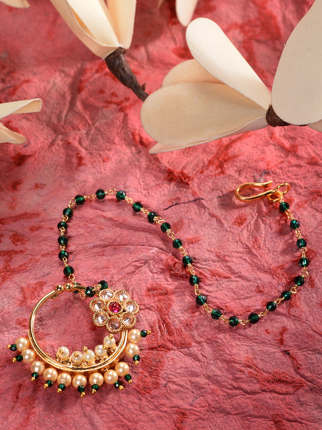 Gold Plated Studded & Beaded Floral Nose Ring Chain, zaveri pearls, sale price rs, sale price, sale gold plated, sale gold, sale, rubans, ring, regular price, priyassi jewellery, kushal's - S