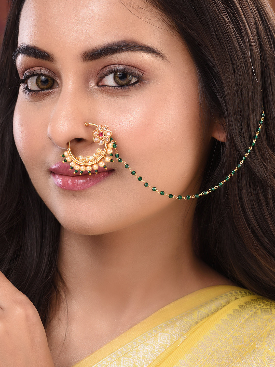 Gold Plated Studded & Beaded Floral Nose Ring Chain, zaveri pearls, sale price rs, sale price, sale gold plated, sale gold, sale, rubans, ring, regular price, priyassi jewellery, kushal's - S