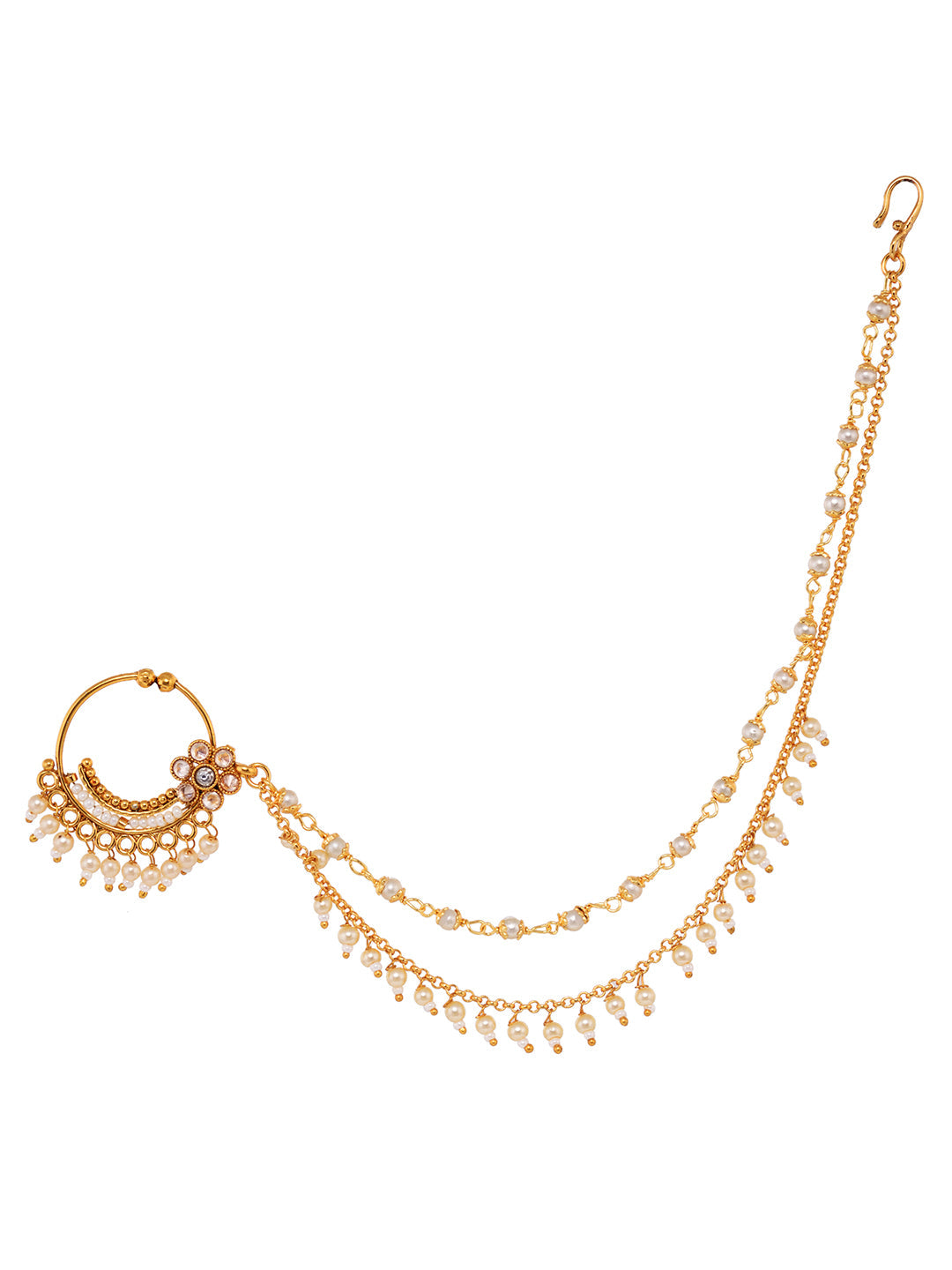 Gold Toned White Pearl Beaded Designer Nath Nose Ring Chain, zaveri pearls, sale price rs, sale price, sale gold plated, sale gold, sale, rubans, ring, regular price, priyassi jewellery, kush