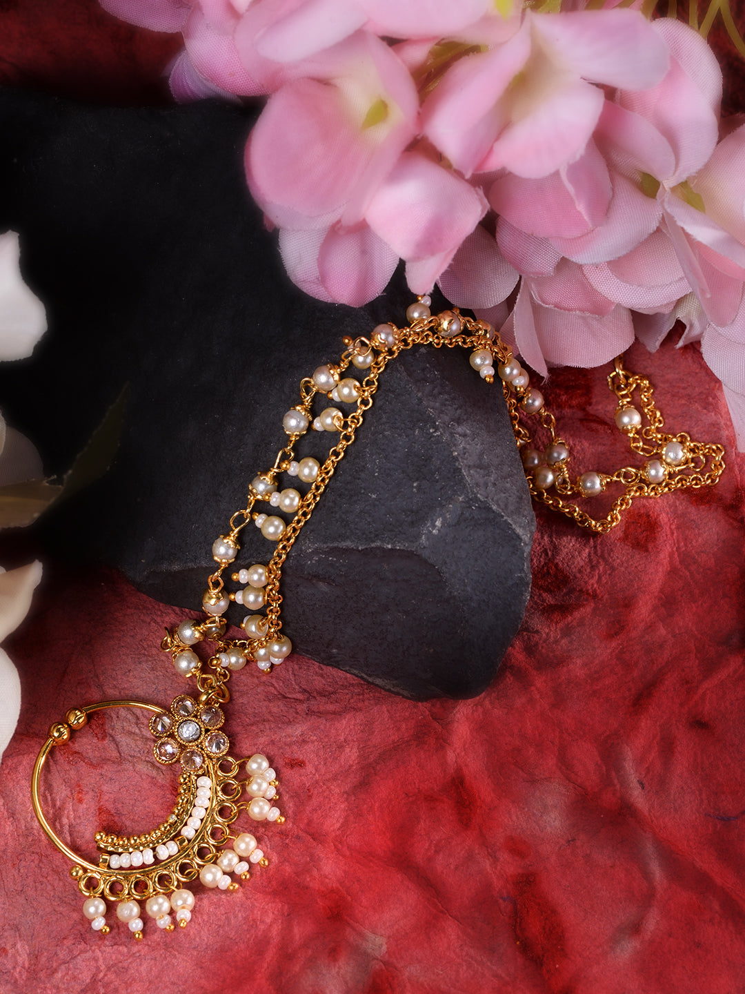 Gold Toned White Pearl Beaded Designer Nath Nose Ring Chain, zaveri pearls, sale price rs, sale price, sale gold plated, sale gold, sale, rubans, ring, regular price, priyassi jewellery, kush
