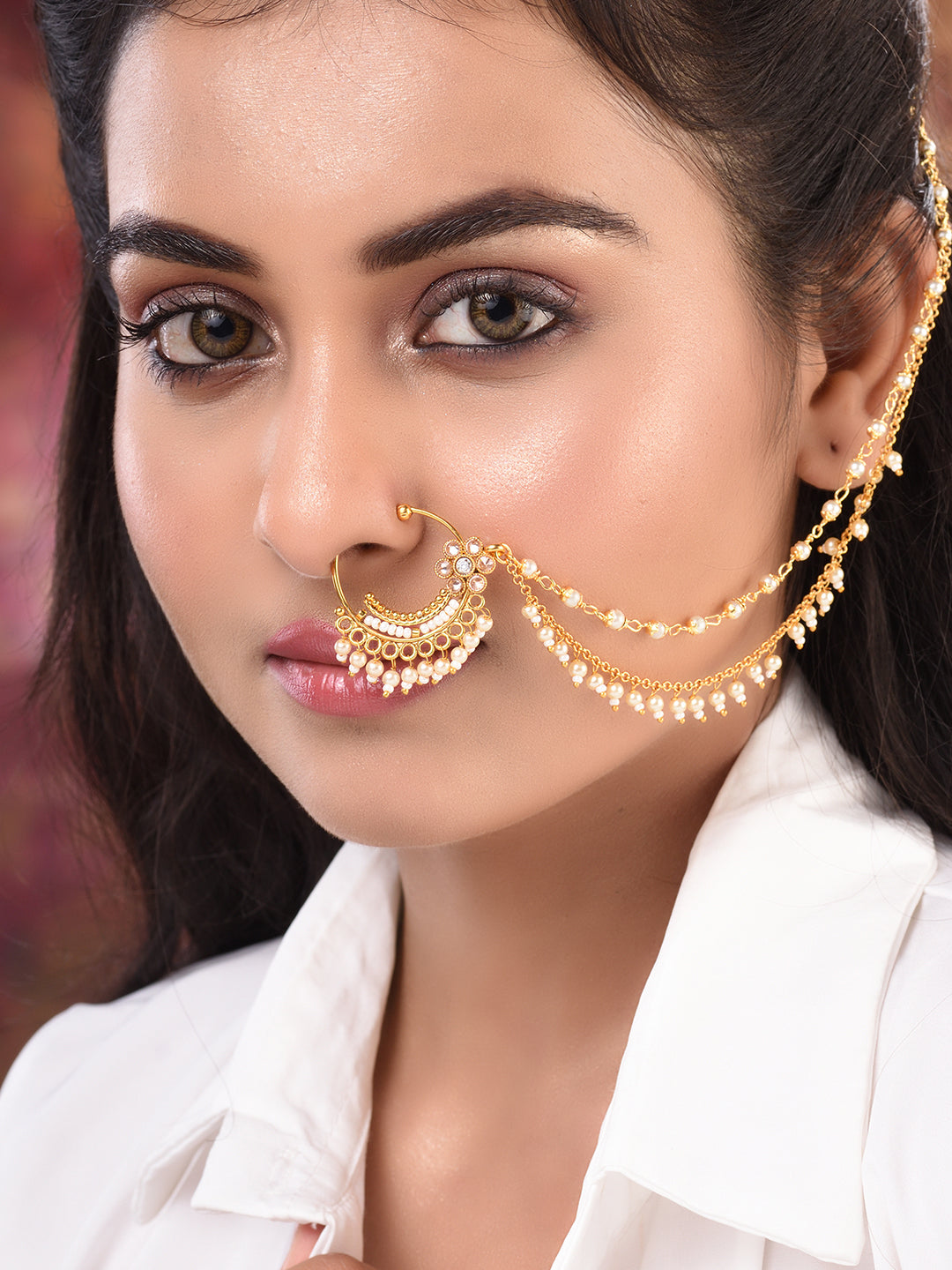 Nose Ring Chain Gold Nath Indian Plat Hoop Chain For non- pierced Nose –  Glam Jewelrys