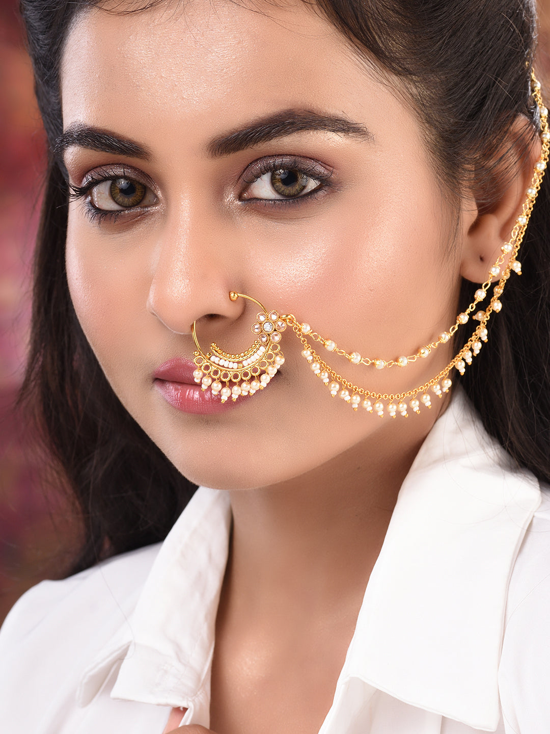 Gold Toned White Pearl Beaded Designer Nath Nose Ring Chain, zaveri pearls, sale price rs, sale price, sale gold plated, sale gold, sale, rubans, ring, regular price, priyassi jewellery, kush