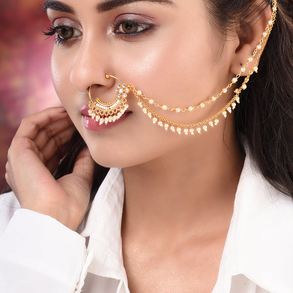 Gold Plated Beaded White Nath Jewellery Regular Sale Price – Saraf