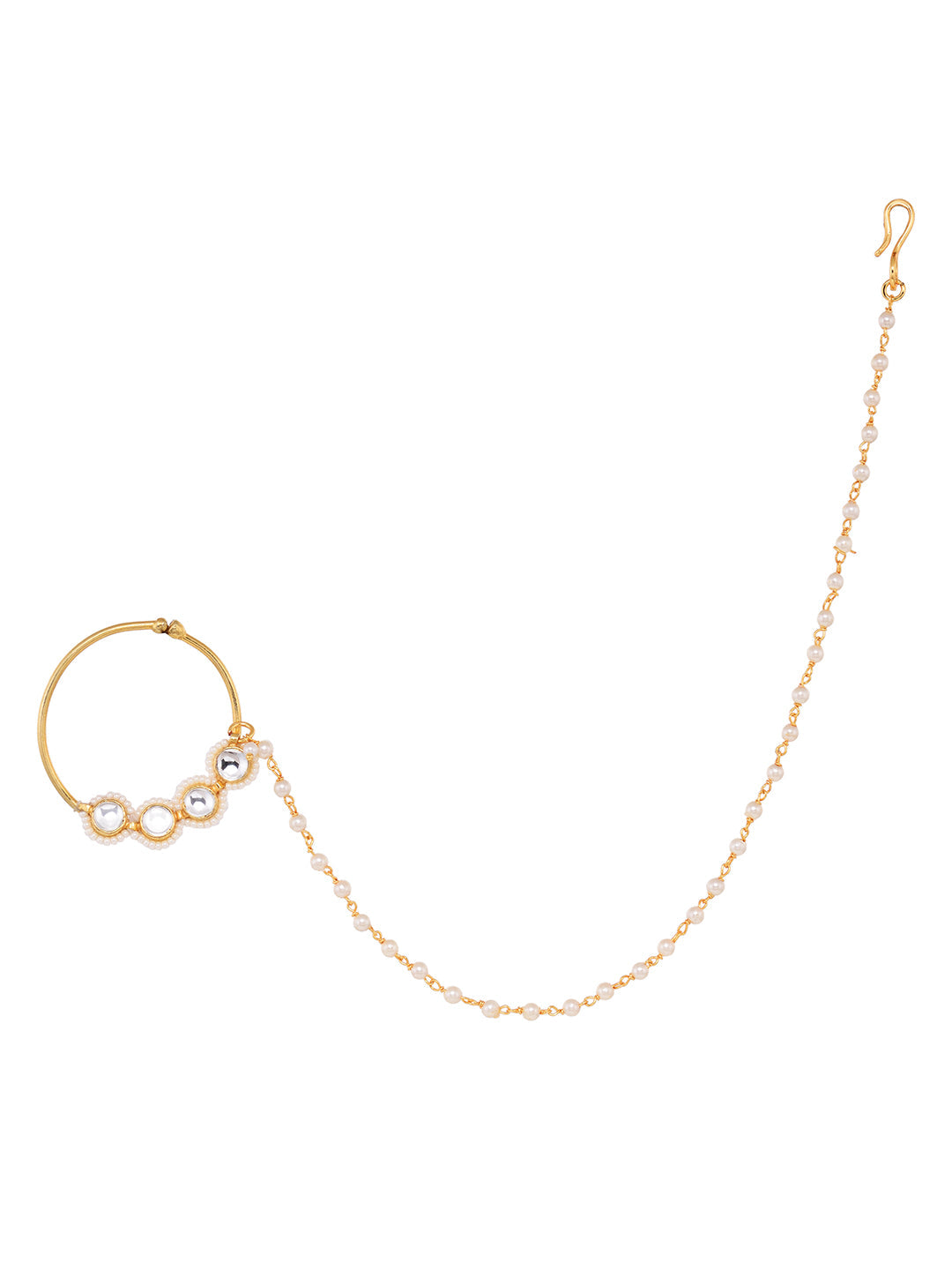 Gold Plated White Polki Studded & Beaded Exquisite Nath Chain, zaveri pearls, sale price rs, sale price, sale gold plated, sale gold, sale, rubans, ring, regular price, priyassi jewellery, ku
