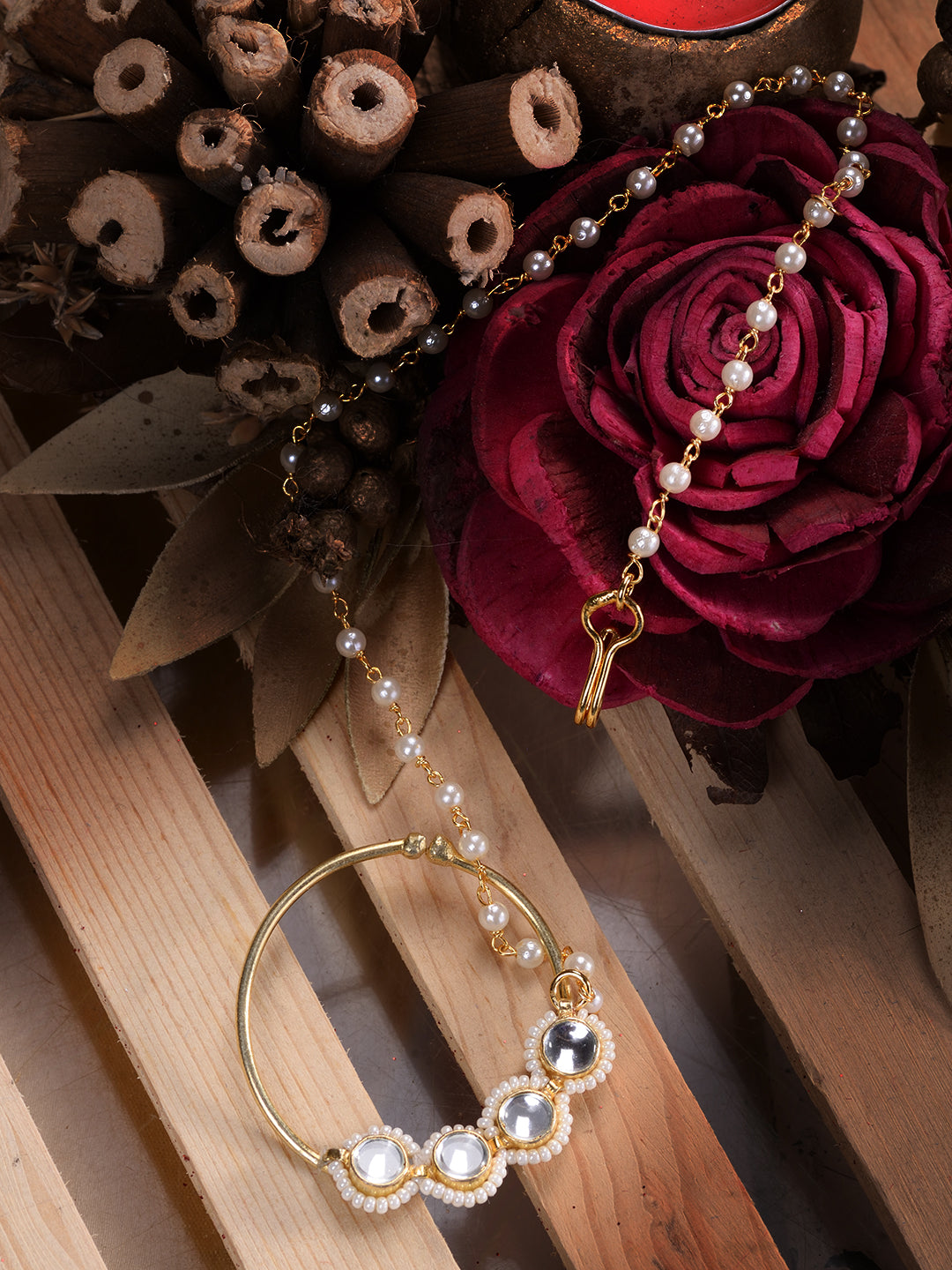 Gold Plated White Polki Studded & Beaded Exquisite Nath Chain, zaveri pearls, sale price rs, sale price, sale gold plated, sale gold, sale, rubans, ring, regular price, priyassi jewellery, ku