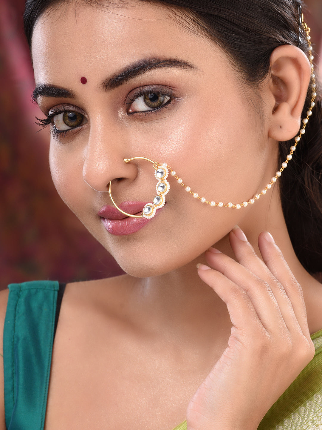 Gold Plated White Polki Studded & Beaded Exquisite Nath Chain, zaveri pearls, sale price rs, sale price, sale gold plated, sale gold, sale, rubans, ring, regular price, priyassi jewellery, ku