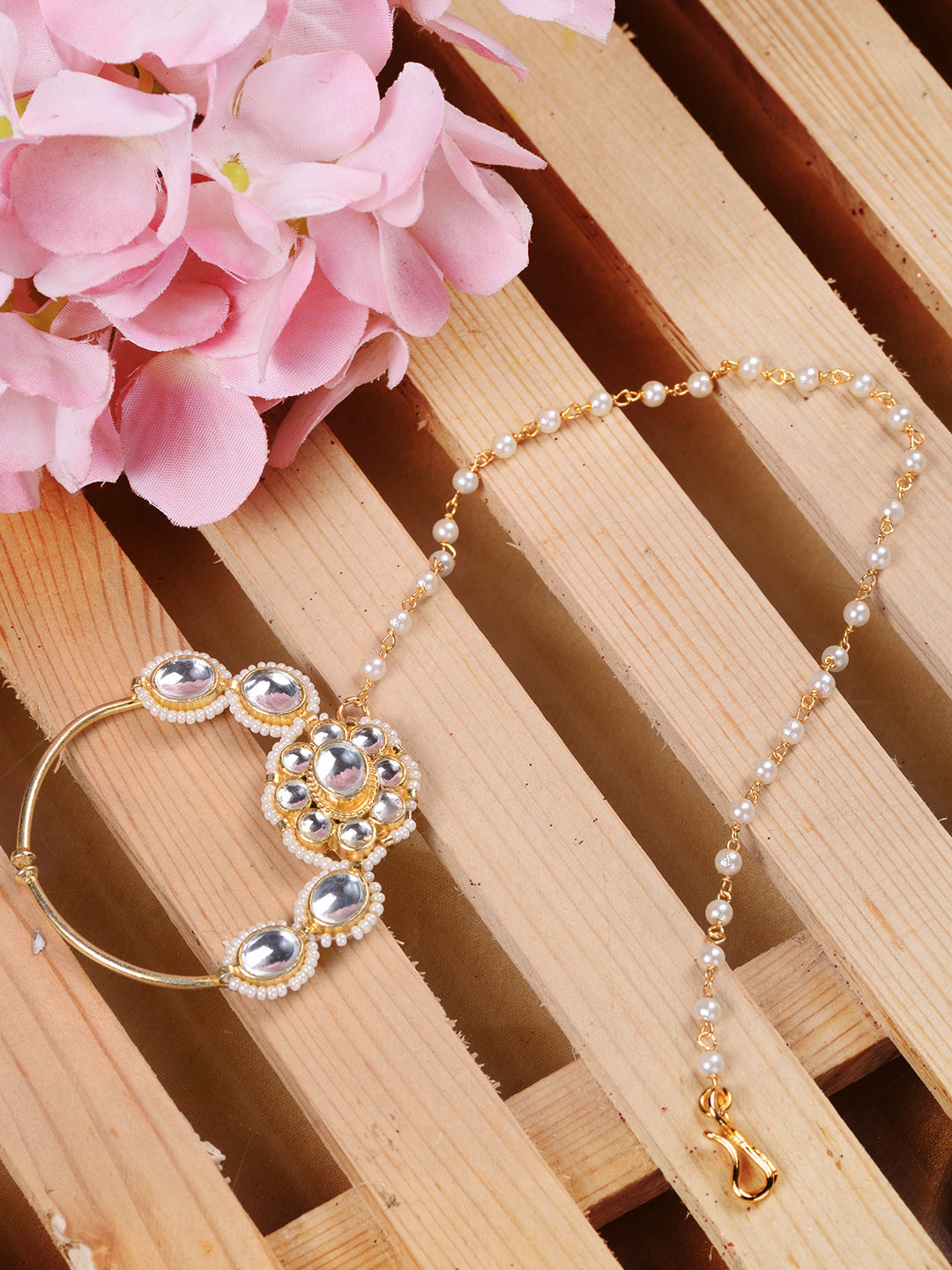 Gold Plated White Kundan Studded Floral Design Nath for Modern Brides, zaveri pearls, sale price rs, sale price, sale gold plated, sale gold, sale, rubans, ring, regular price, priyassi jewel